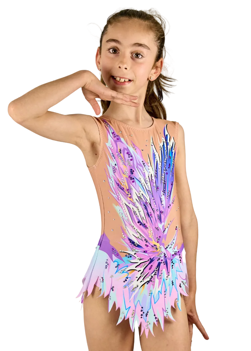 Justaucorps de gymnastique rythmique modèle Crepe dans des tons violet et bleu avec strass.