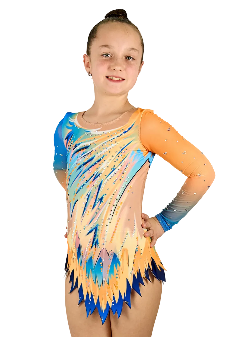 Sacher model rhythmic gymnastics leotard in blue and orange with rhinestones.