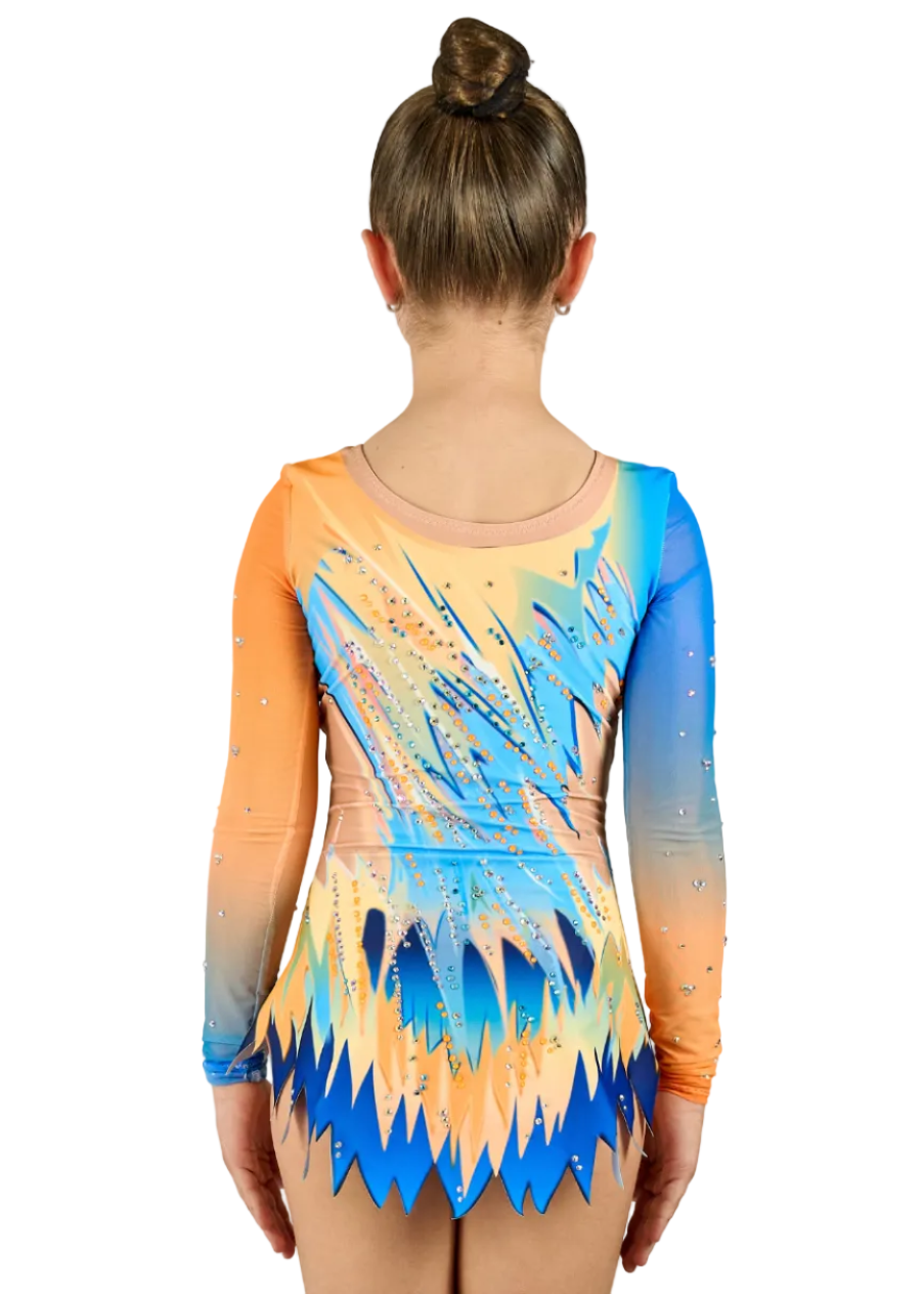 Competition leotard with orange to blue gradient and rhinestones.