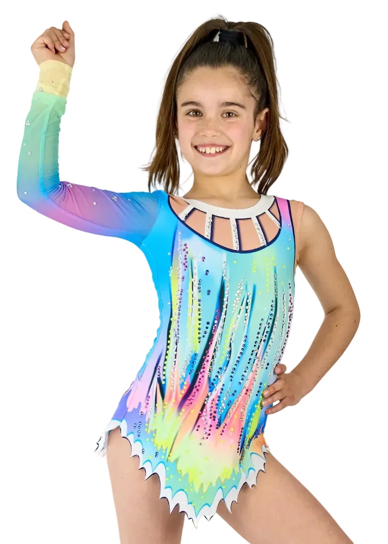 Justaucorps de gymnastique rythmique modèle Nube avec manche asymétrique en bleu et vert.