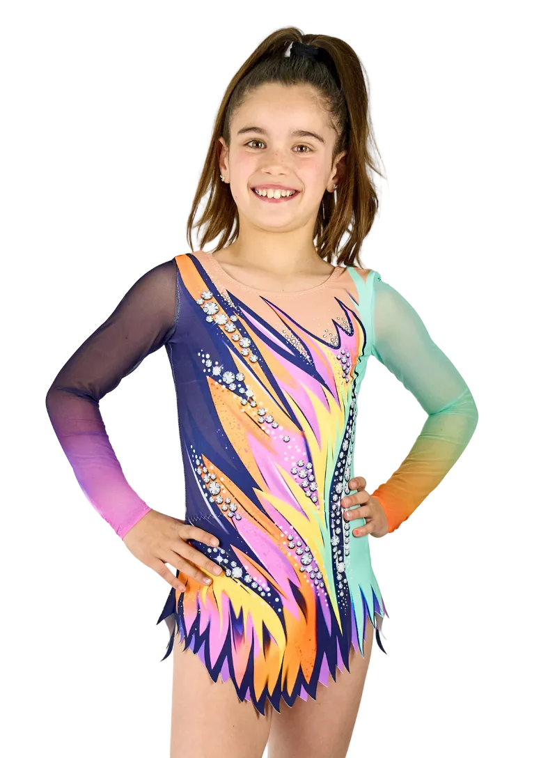 Maillot de gimnasia rítmica azul y flúor con falda de picos y detalles de strass para competición.