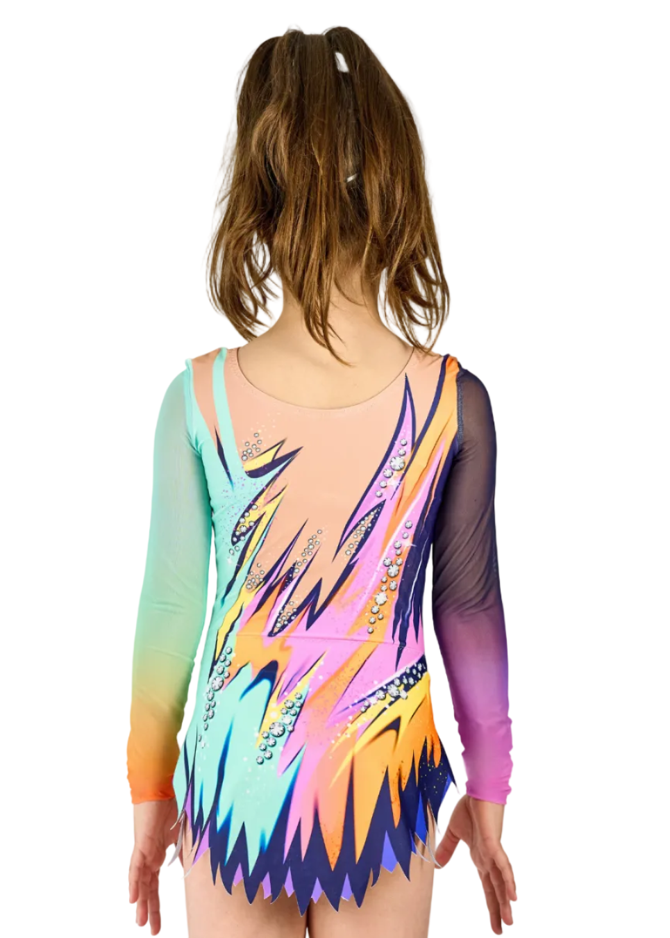 Maillot de gimnasia rítmica de manga larga con degradados en violeta, naranja y verde agua sobre base elástica.
