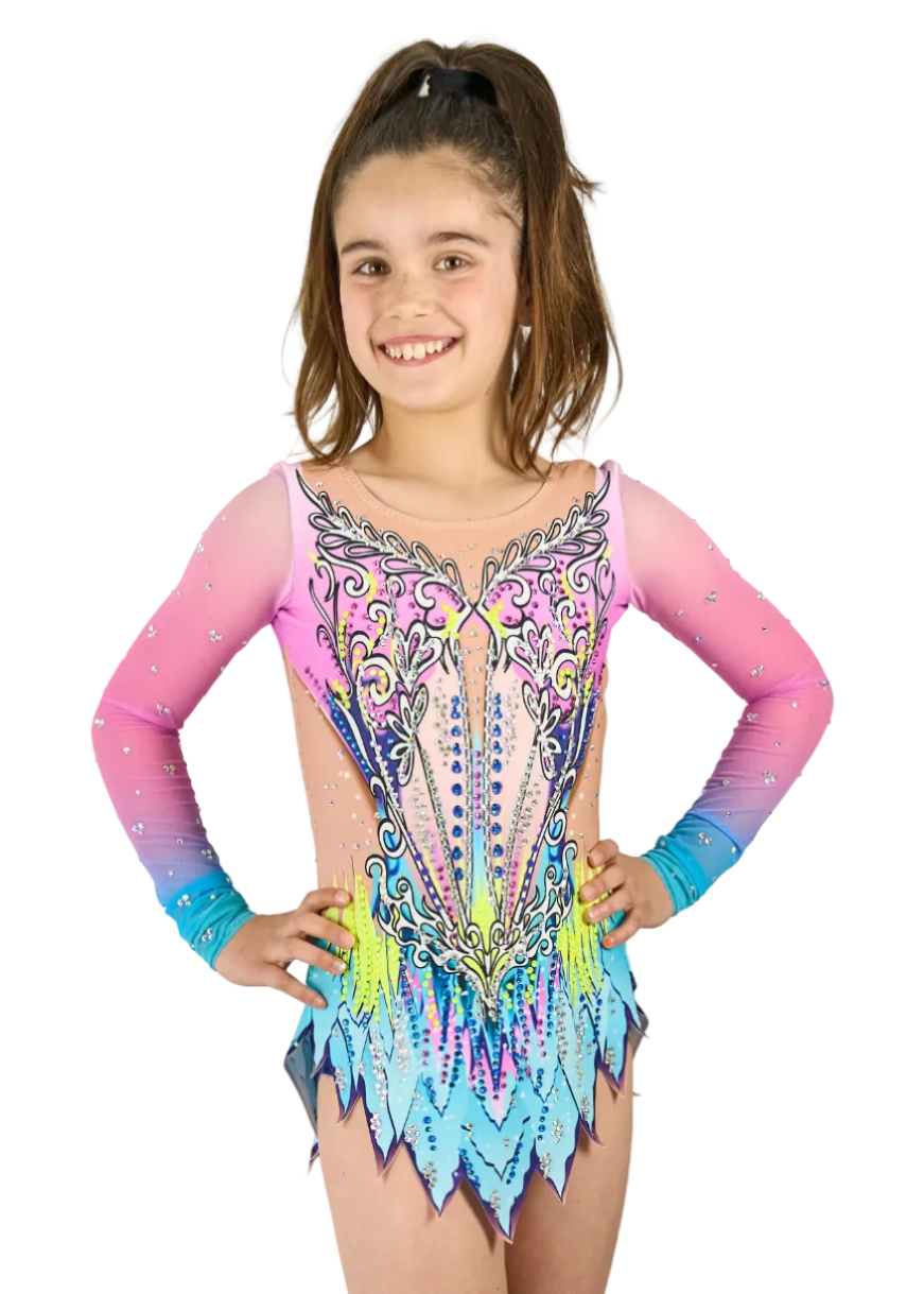 Gofre model rhythmic gymnastics leotard in pink and blue tones with rhinestones.