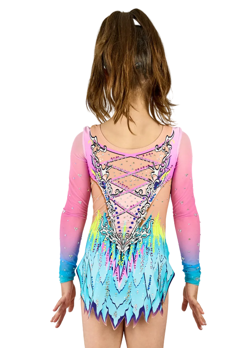 Competition leotard with white filigree design and neon yellow details.