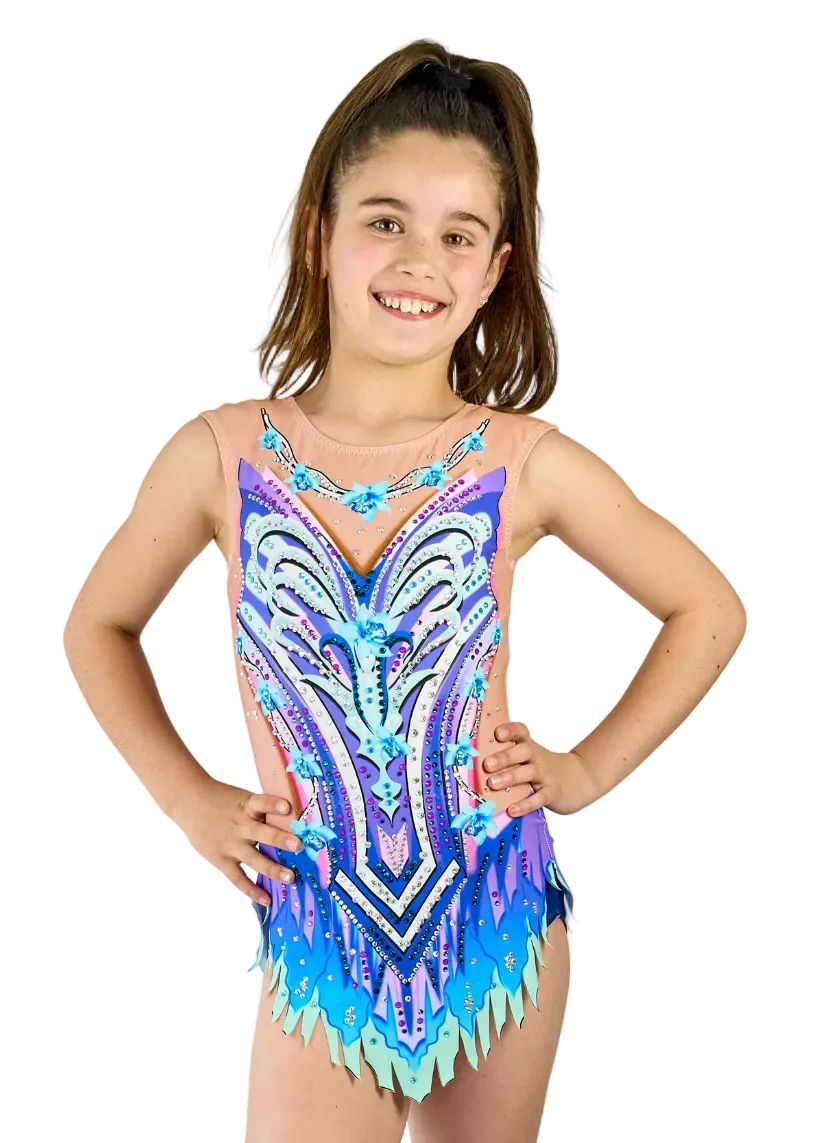 Mousse model rhythmic gymnastics leotard in lilac and turquoise with flowers.