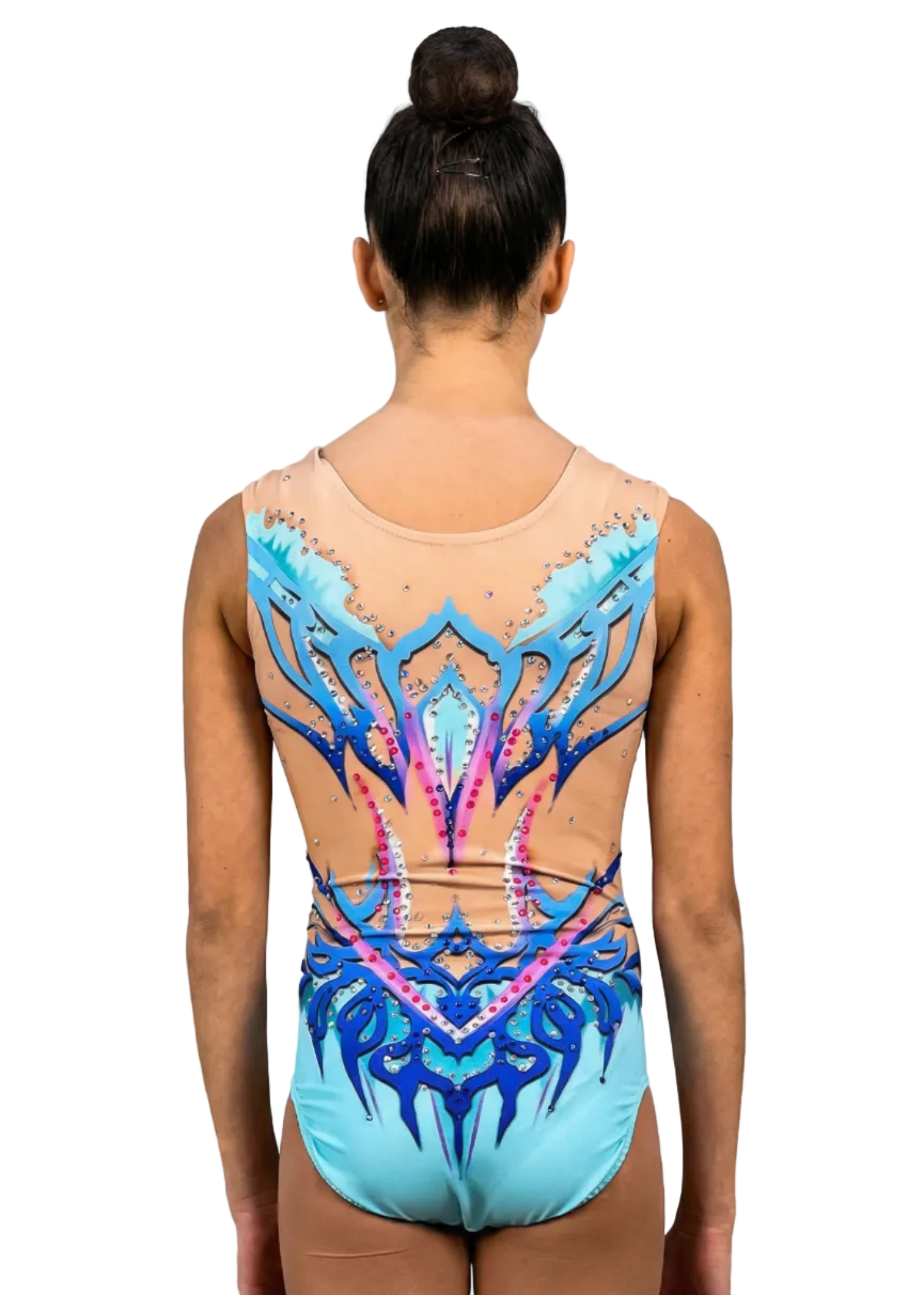Justaucorps de gymnastique rythmique céleste et bleu avec transparences couleur chair, strass brillants et design ornemental symétrique de style élégant.
Justaucorps rythmique bleu et céleste avec détails décoratifs, strass abondants, transparences couleur chair et lignes ascendantes à la finition raffinée.
Dos d'un justaucorps rythmique céleste et bleu avec transparences couleur chair, strass dispersés et motifs symétriques de style élégant.