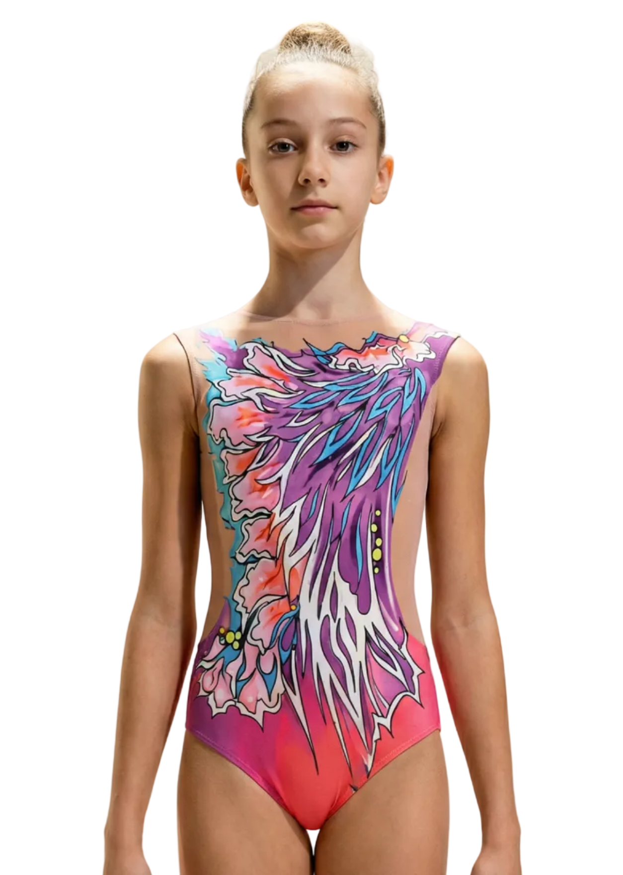 Justaucorps rythmique rose-violet avec imprimé latéral de plumes et fleurs, transparences et strass dans un style dynamique et artistique.
Justaucorps de gymnastique en dégradé fuchsia-violet avec design asymétrique de plumes et fleurs, détails brillants et esthétique vibrante.
Dos d'un justaucorps rythmique rose-violet avec transparences et grand motif de plumes stylisées créant un effet fluide et accrocheur.