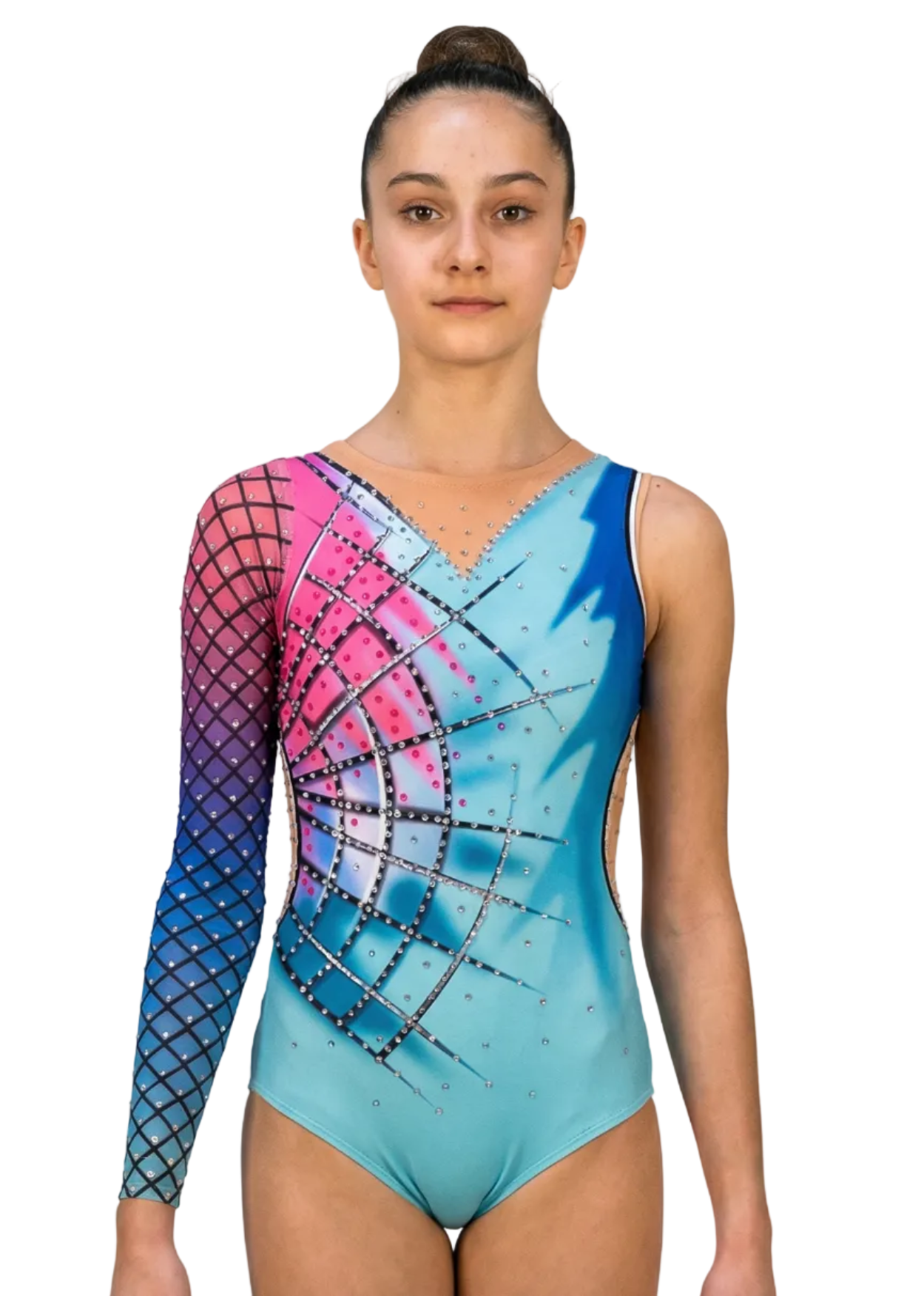 Justaucorps rythmique turquoise avec dégradés rose-bleu, strass et manche longue géométrique créant un style moderne et vibrant.
Justaucorps de gymnastique en turquoise avec design asymétrique rose-bleu, résille géométrique et strass pour une finition dynamique et actuelle.
Dos d'un justaucorps rythmique turquoise avec dégradés rose-bleu, résille géométrique et strass dans un style contemporain et accrocheur.