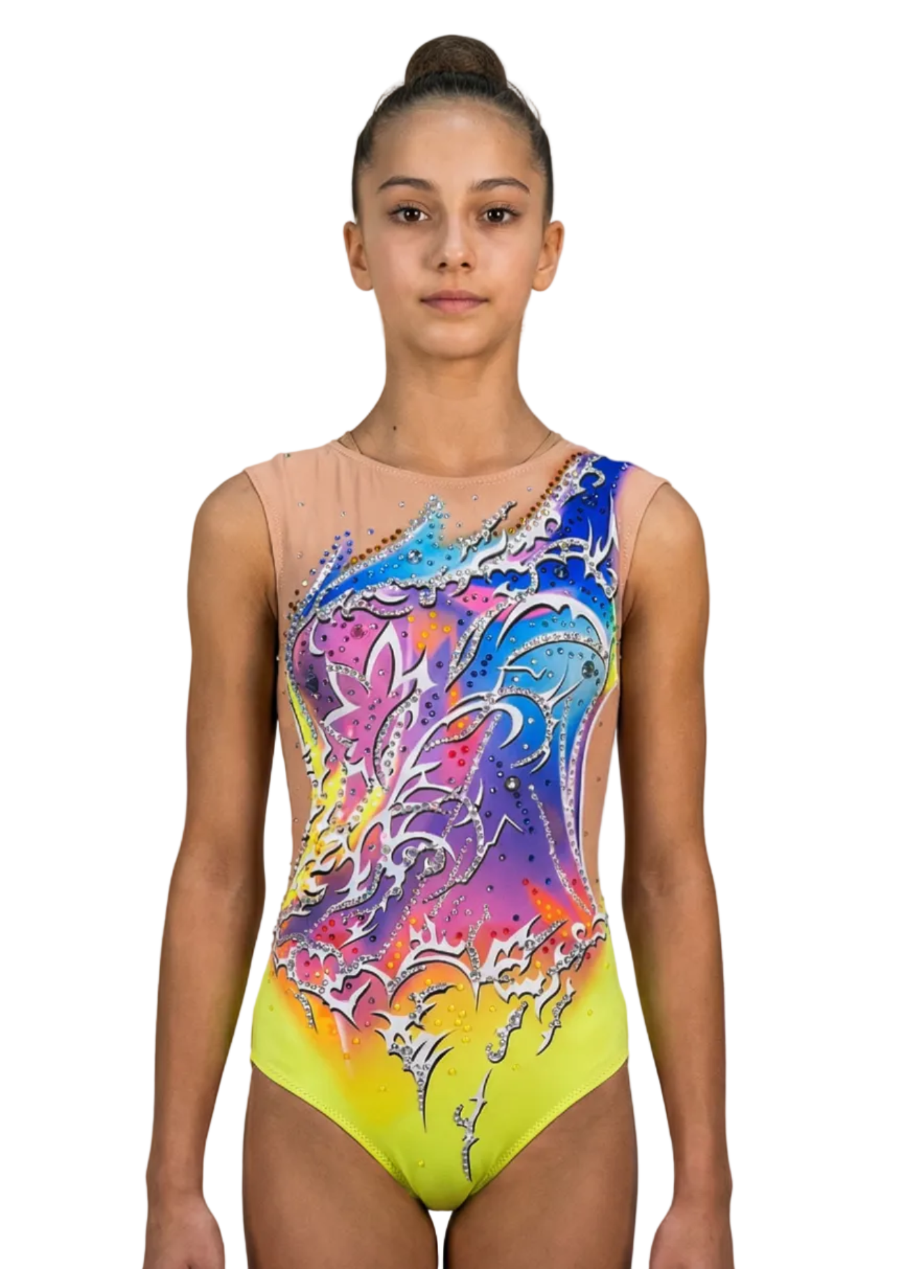 Justaucorps de gymnastique rythmique jaune et multicolore avec transparences couleur chair, strass brillants et design fluide de style vibrant.
Justaucorps rythmique multicolore sur base jaune, strass abondants, transparences couleur chair et traits dynamiques au design énergique.
Dos d'un justaucorps rythmique jaune et multicolore avec strass dispersés, transparences couleur chair et formes fluides de style attrayant.
