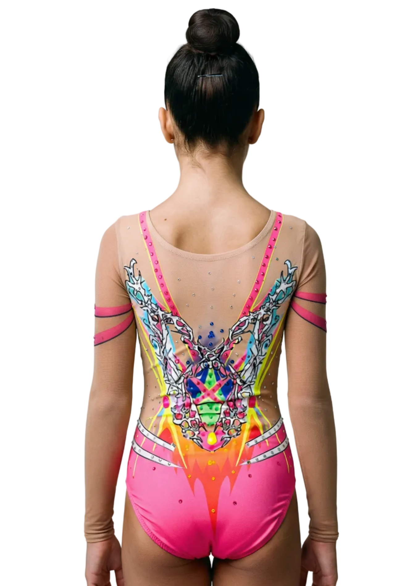 Justaucorps de gymnastique rythmique rose et jaune avec transparences, strass et design central géométrique multicolore dans un style vibrant et détaillé.
Justaucorps rythmique dans des tons fuchsia et néon avec transparences, strass et motifs symétriques créant un look dynamique et lumineux.
Dos d'un justaucorps rythmique rose avec transparences, strass et design géométrique multicolore dans un style brillant et exubérant.