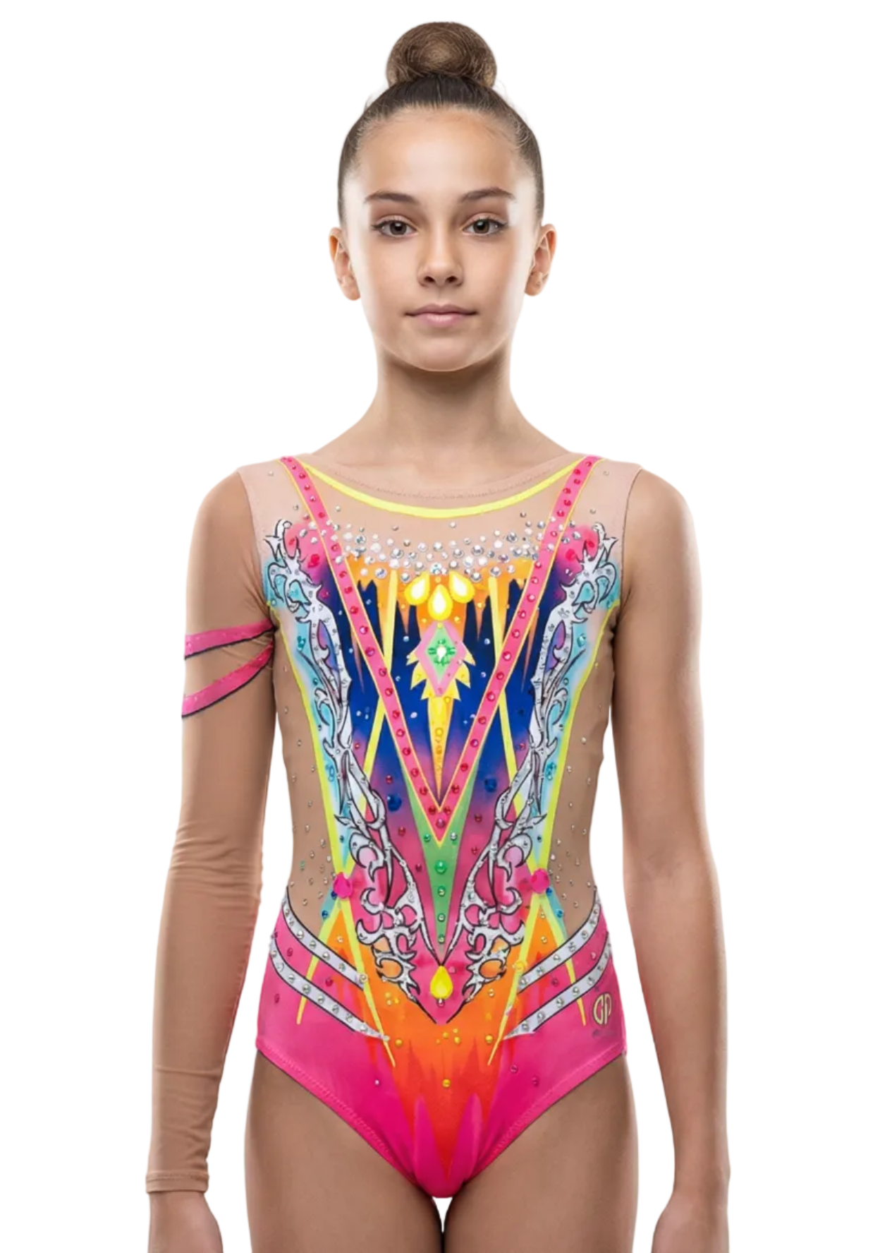 Justaucorps de gymnastique rythmique rose et jaune avec transparences, strass et design central géométrique multicolore dans un style vibrant et détaillé.
Justaucorps rythmique dans des tons fuchsia et néon avec transparences, strass et motifs symétriques créant un look dynamique et lumineux.
Dos d'un justaucorps rythmique rose avec transparences, strass et design géométrique multicolore dans un style brillant et exubérant.