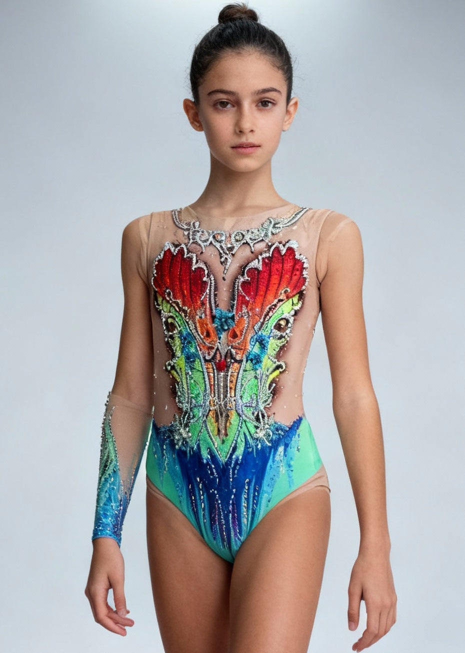 Maillot de gimnasia rítmica verde, azul y rojo con pedrería abundante, transparencias tono piel y una manga larga en estilo fantasía.
Maillot rítmico multicolor con detalles rojos y verdes, pedrería brillante, transparencias tono piel y una manga larga degradada de diseño ornamental.
Espalda de maillot rítmico verde y azul con pedrería dispersa, transparencias tono piel y motivos simétricos en estilo fantasía.