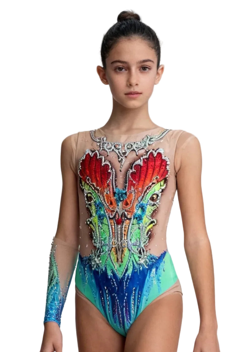 Justaucorps de gymnastique rythmique vert, bleu et rouge avec strass abondants, transparences couleur chair et une manche longue de style fantaisie.
Justaucorps rythmique multicolore avec détails rouges et verts, strass brillants, transparences couleur chair et une manche longue en dégradé au design ornemental.
Dos d'un justaucorps rythmique vert et bleu avec strass dispersés, transparences couleur chair et motifs symétriques de style fantaisie.