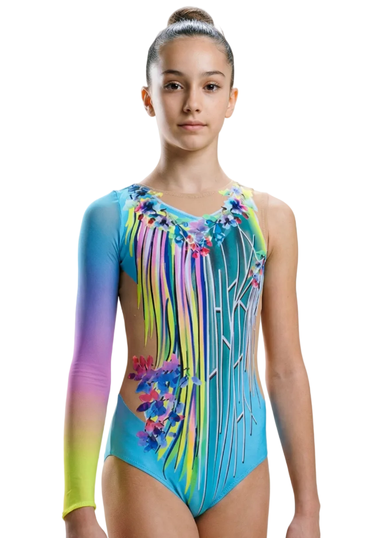 Justaucorps de gymnastique rythmique bleu céleste avec fleurs multicolores, transparences couleur chair et une manche longue dégradée de style délicat.
Justaucorps rythmique céleste avec détails floral, transparences couleur chair, strass subtils et une manche longue dégradée au design élégant.
Dos de justaucorps rythmique bleu céleste avec fleurs multicolores, transparences couleur chair et lignes stylisées de style harmonieux.