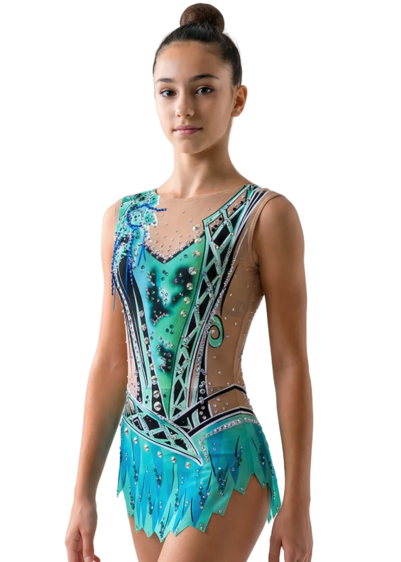 Justaucorps de gymnastique rythmique en turquoise et vert avec strass abondants, effets de transparence et détails géométriques créant un style élégant.
Justaucorps de gymnastique rythmique de couleur claire avec verts intenses, bleus, strass brillants et design géométrique d'apparence dynamique.
Dos d'un justaucorps de gymnastique rythmique sur base claire avec verts et turquoises, strass et motifs géométriques fluides.