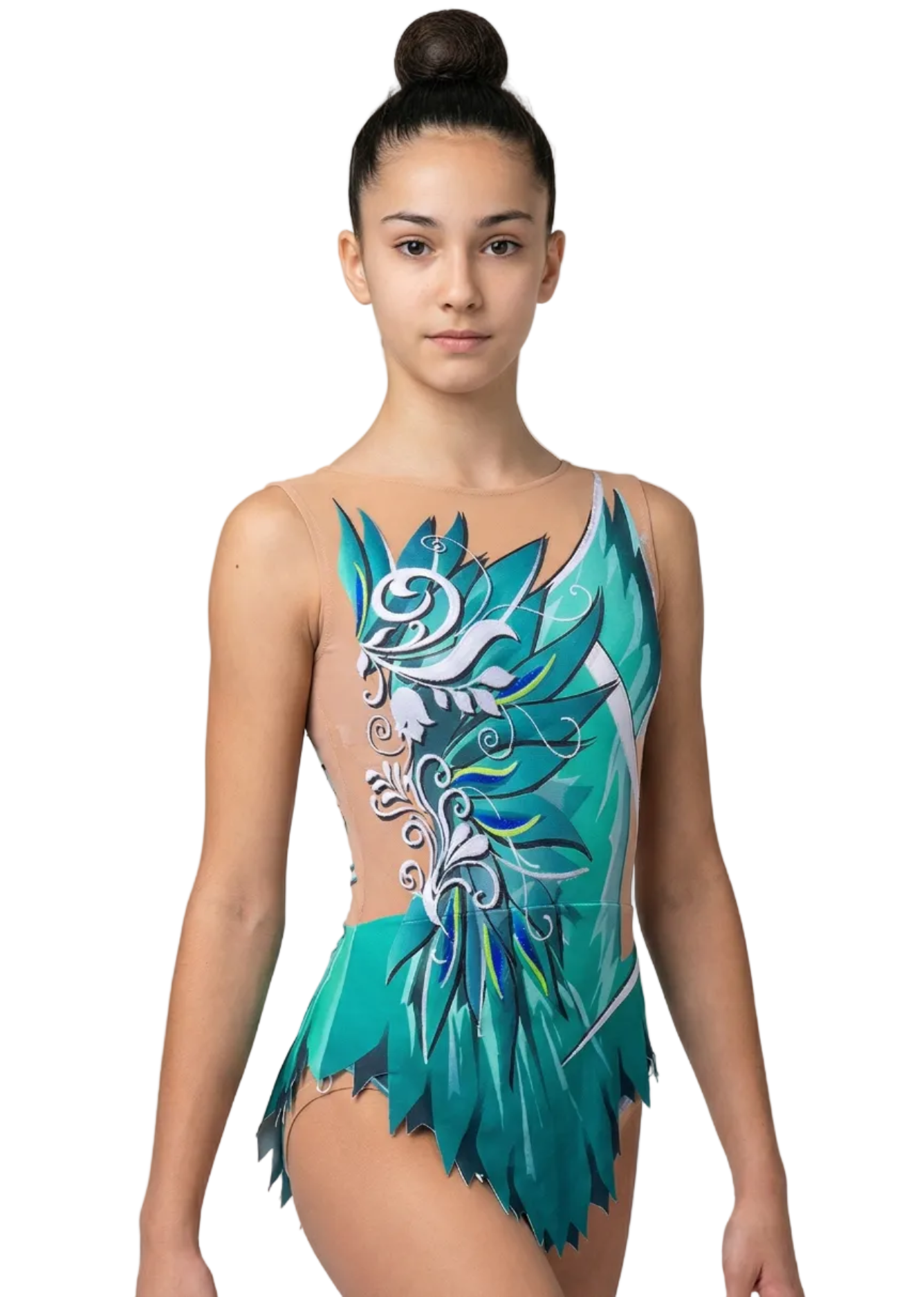 Justaucorps de gymnastique rythmique dans des tons turquoise et vert avec strass, dégradés et motifs floraux créant un style élégant.
Justaucorps de gymnastique rythmique de couleur claire avec verts intenses, détails blancs, strass brillants et design floral d'apparence dynamique.
Dos d'un justaucorps de gymnastique rythmique sur base claire avec verts et turquoises, strass et motifs floraux fluides.