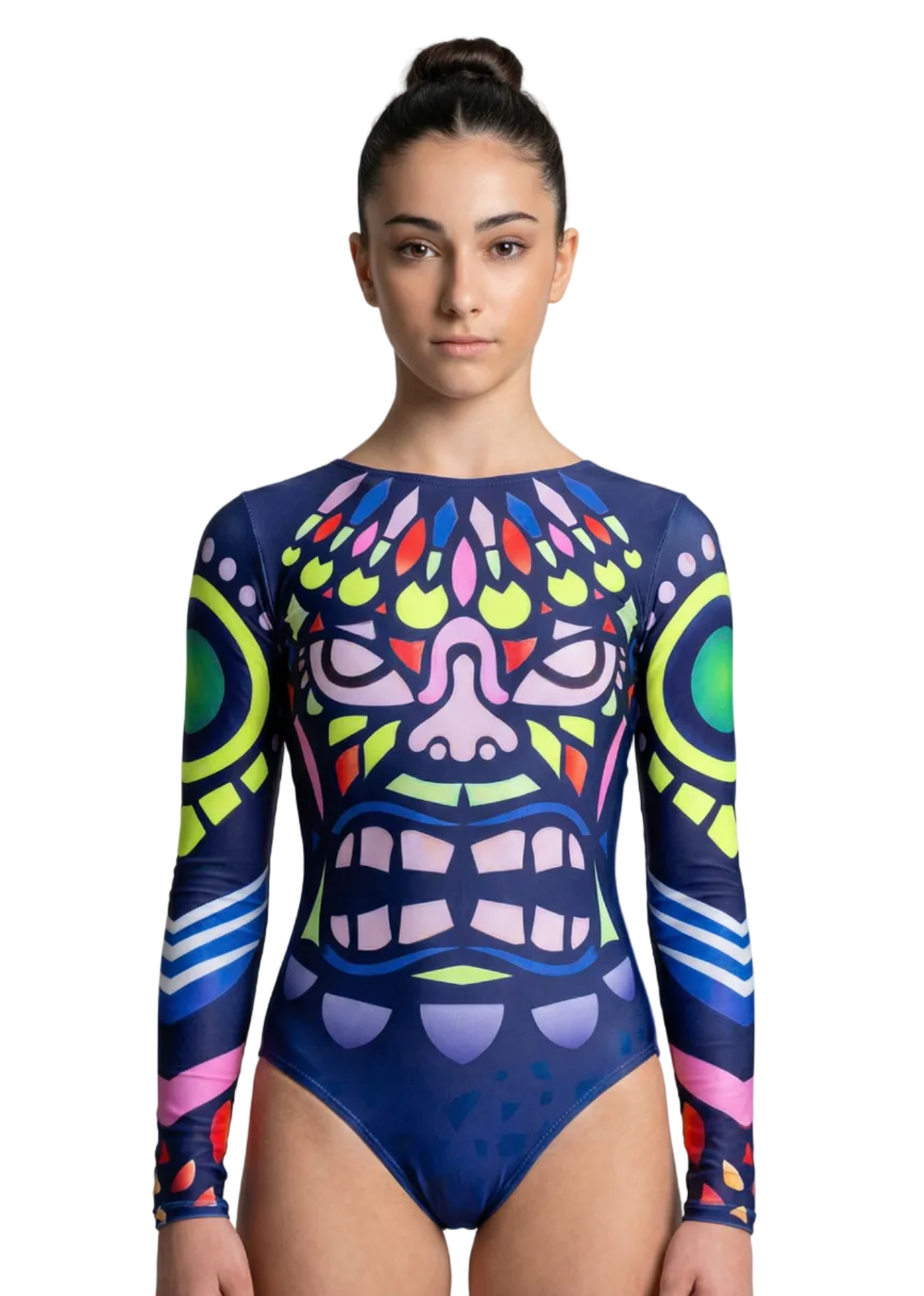 Justaucorps de gymnastique rythmique bleu marine avec manches longues et design tribal multicolore dans un style frappant et symétrique.
Justaucorps rythmique bleu foncé avec motif frontal géométrique multicolore et esthétique artistique de grand impact visuel.
Dos de justaucorps rythmique bleu marine avec design tribal symétrique multicolore et fini vibrant de style graphique.