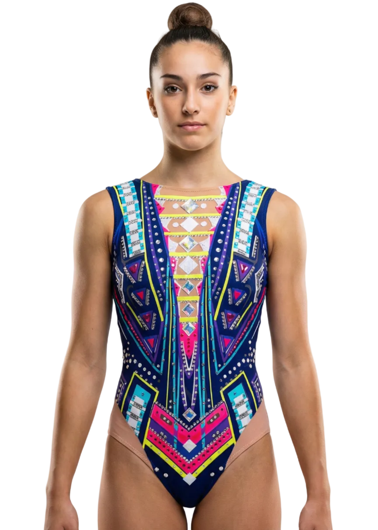 Justaucorps de gymnastique rythmique bleu marine avec imprimé géométrique multicolore, strass brillants et côtés avec transparences couleur chair au style vibrant.
Justaucorps rythmique bleu marine avec design géométrique néon, strass abondants, transparences latérales couleur chair et fini visuel frappant.
Dos de justaucorps rythmique bleu marine avec imprimé géométrique multicolore, strass discrets et design symétrique de style moderne.