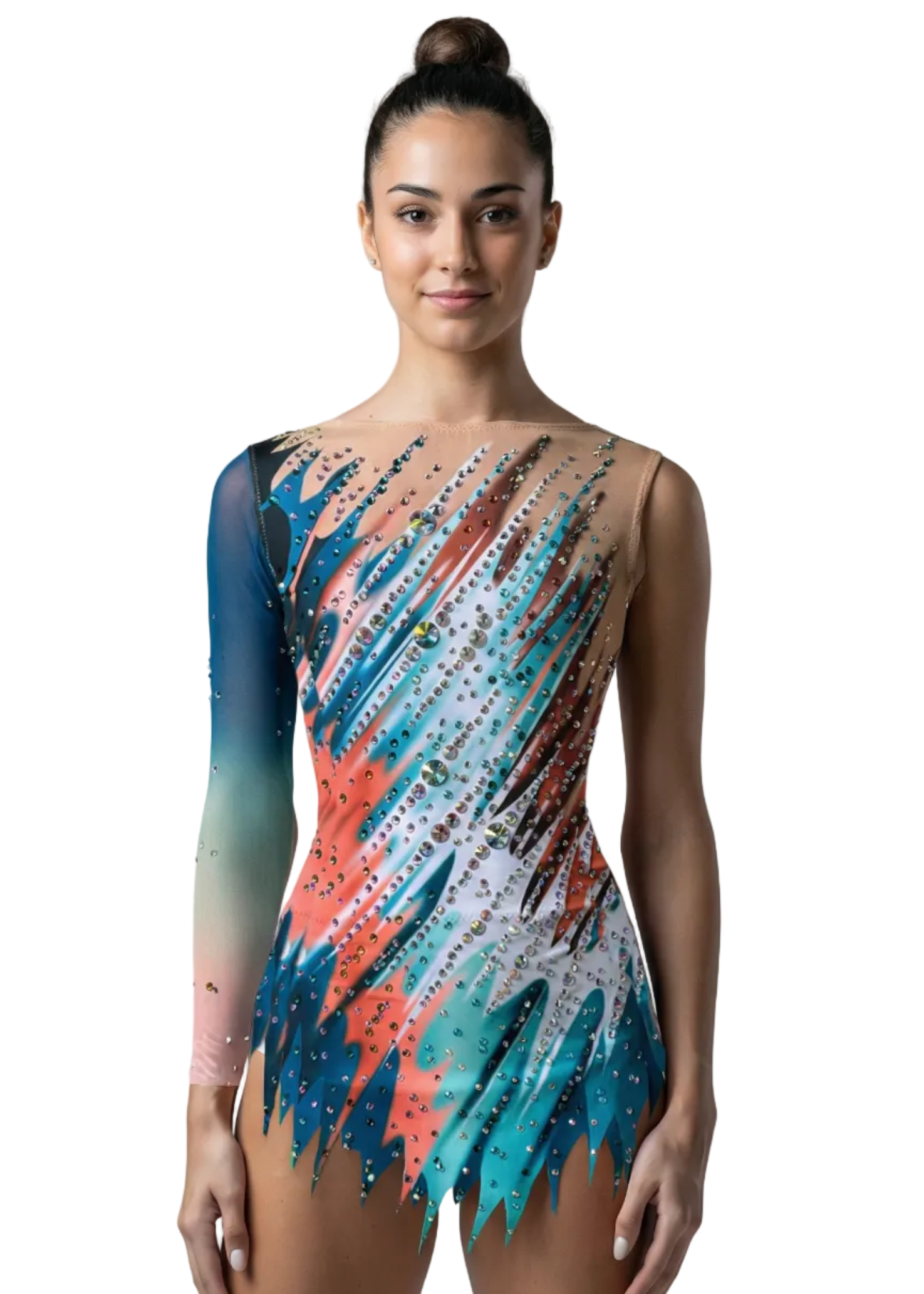 Justaucorps de gymnastique rythmique en turquoise, corail et blanc avec strass abondants, transparences couleur chair et une manche longue dégradée au style dynamique.
Justaucorps rythmique aux tons corail, bleu et blanc avec strass brillants, transparences couleur chair, coupe irrégulière et une manche longue dégradée.
Dos de justaucorps rythmique turquoise et corail avec transparences couleur chair, strass dispersés et dégradés fluides dans un style énergique.