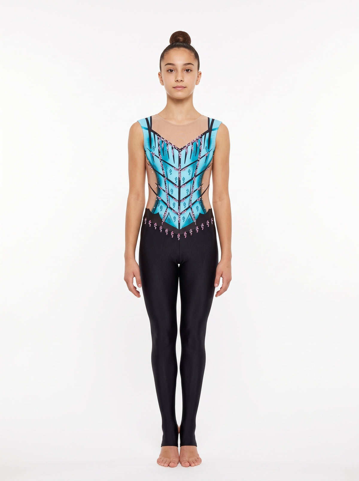 Calipso rhythmic gymnastics unitard, front view: turquoise with a herringbone of black lines, sleeveless, with long black legs.