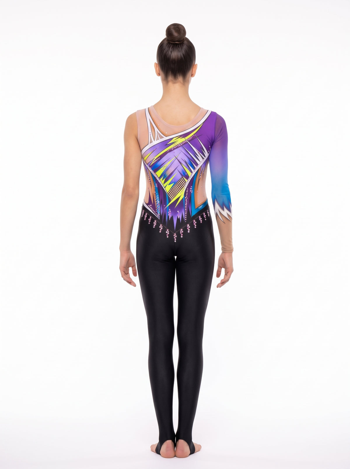 Back of the Dalia rhythmic gymnastics unitard: asymmetric purple and blue design with yellow rays, and long legs with stirrups.