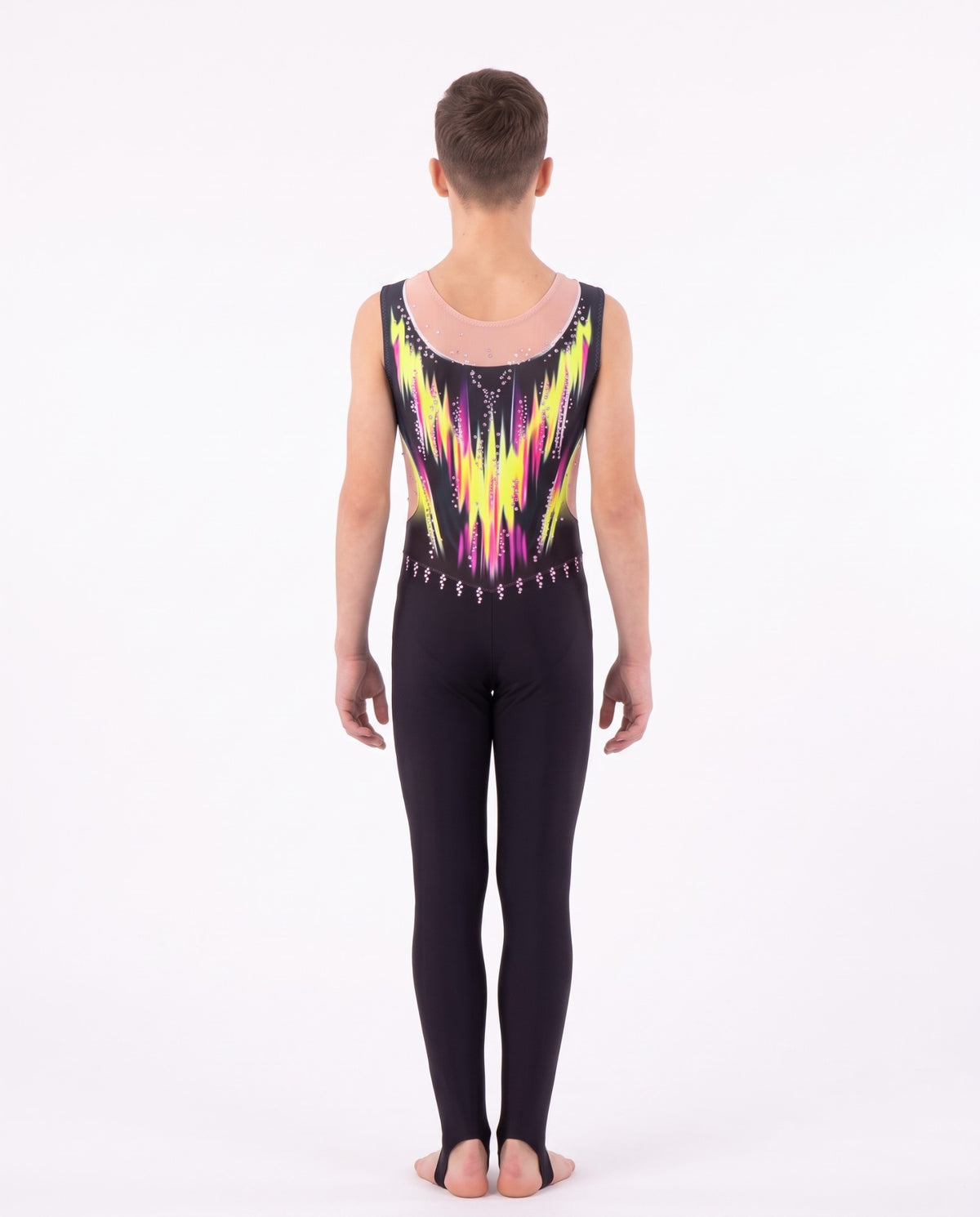 Back of the Danna rhythmic gymnastics unitard: neon yellow and fuchsia flames, skin-tone neckline and long legs with stirrups.