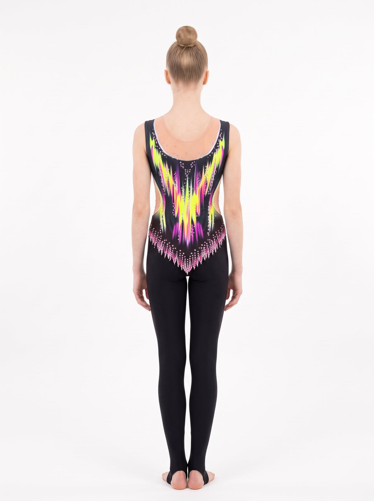 Back of the Danna rhythmic gymnastics unitard: neon yellow and fuchsia flames, skin-tone neckline and long legs with stirrups.