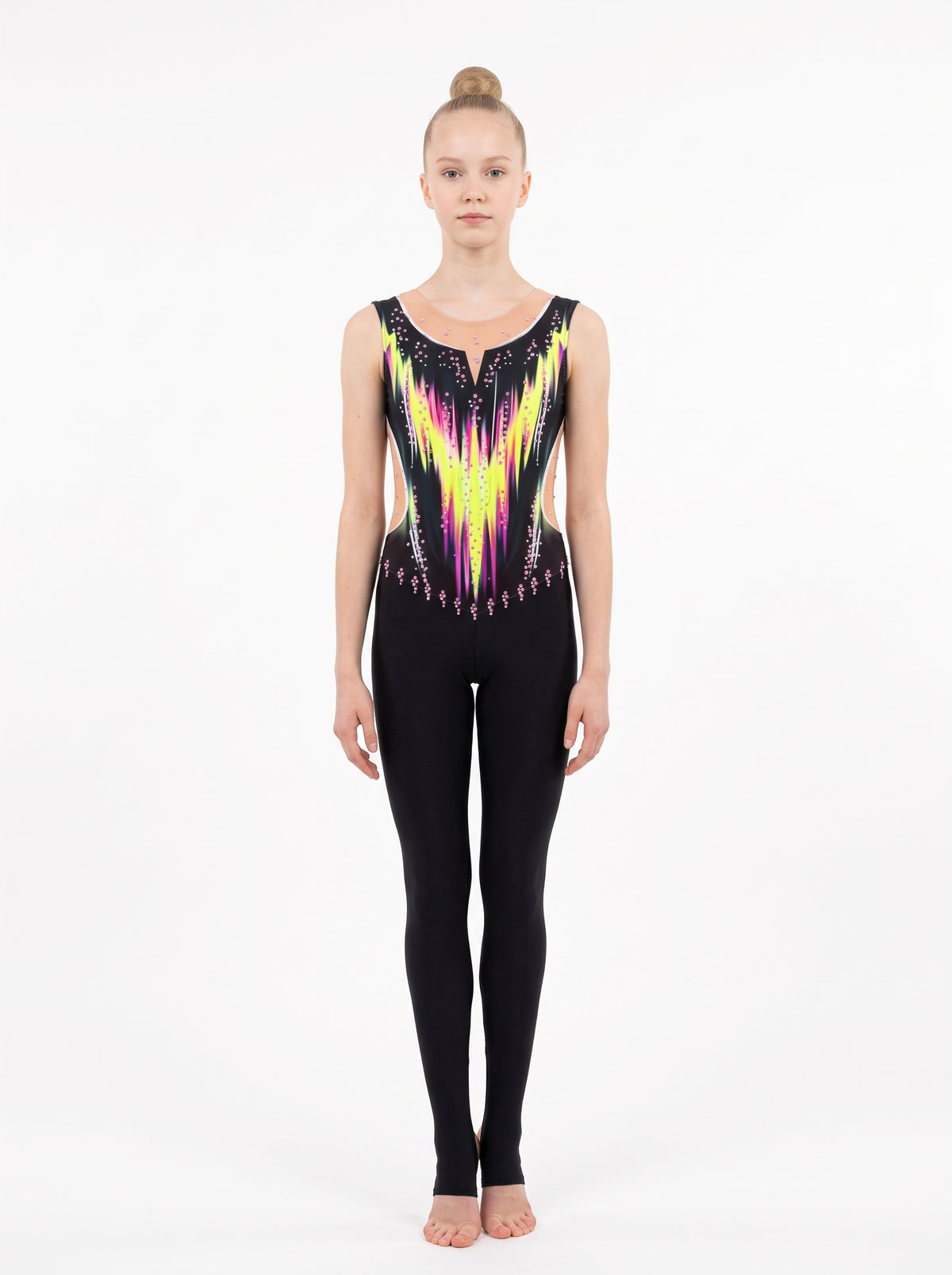 Danna rhythmic gymnastics unitard, front view: neon yellow and fuchsia flames on black, sleeveless, with long black legs.