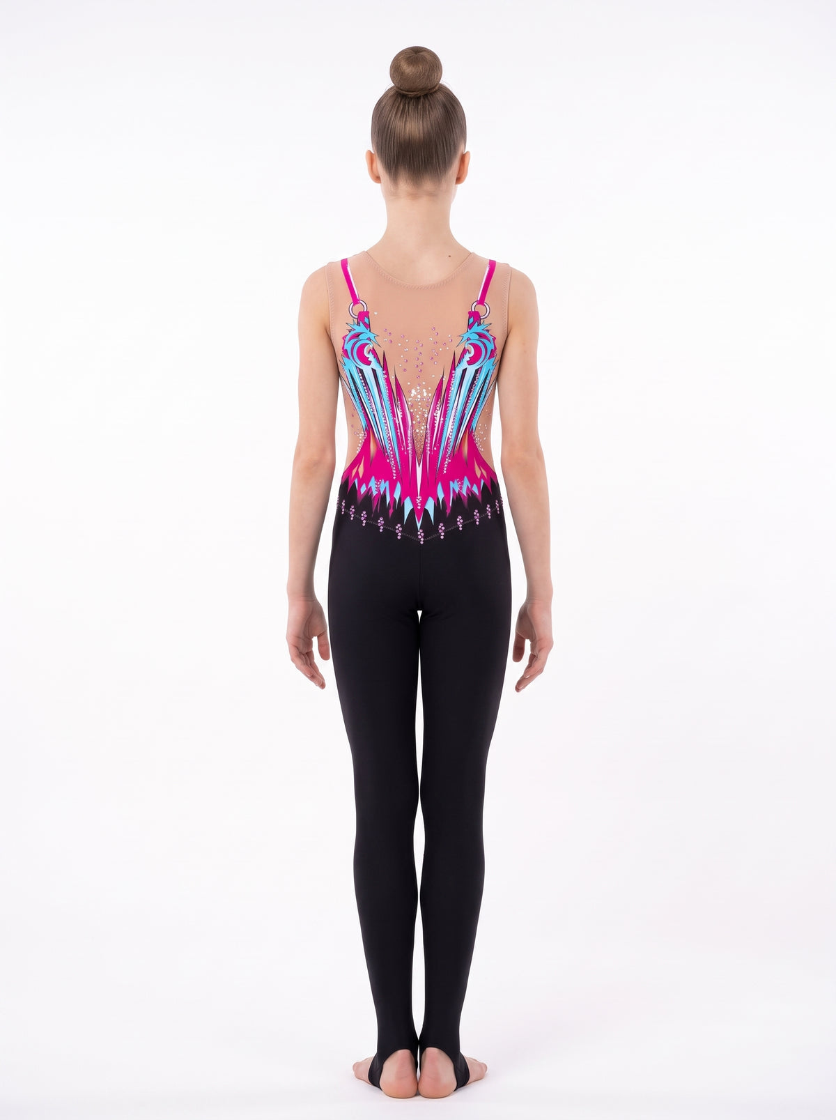 Back of the Florence rhythmic gymnastics unitard: fuchsia and sky-blue wing-shaped design over skin tone, and long legs with stirrups.