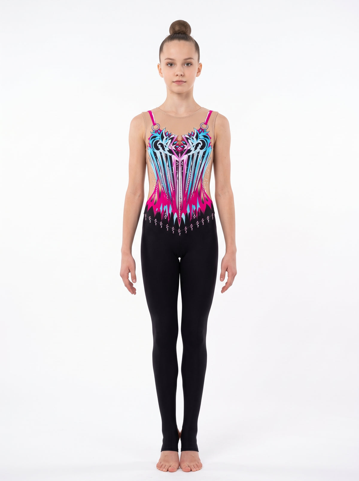 Florence rhythmic gymnastics unitard, front view: fuchsia and sky-blue stripes, fuchsia straps with rings, sleeveless, with long black legs.
