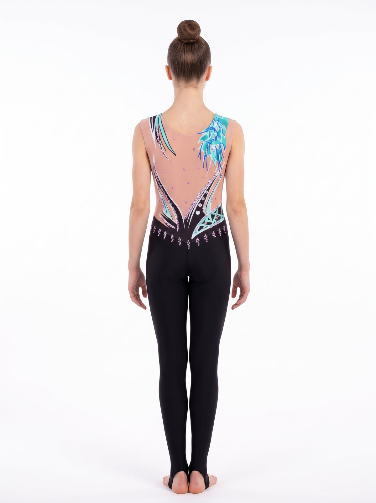 Back of the Green Forest rhythmic gymnastics unitard: skin-tone fabric with an aquamarine feather motif, and long legs with stirrups.