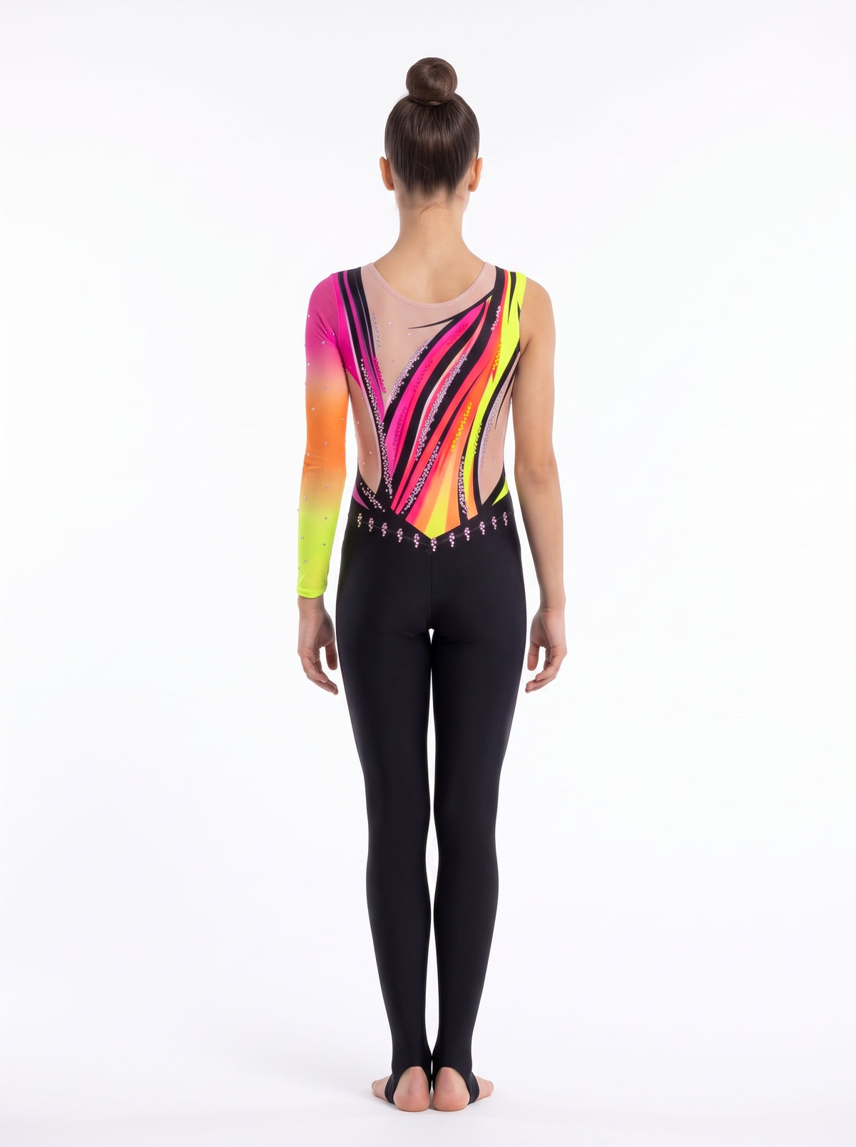 Back of the Lalo rhythmic gymnastics unitard: fuchsia and neon yellow diagonal stripes, skin-tone neckline and long legs with stirrups.