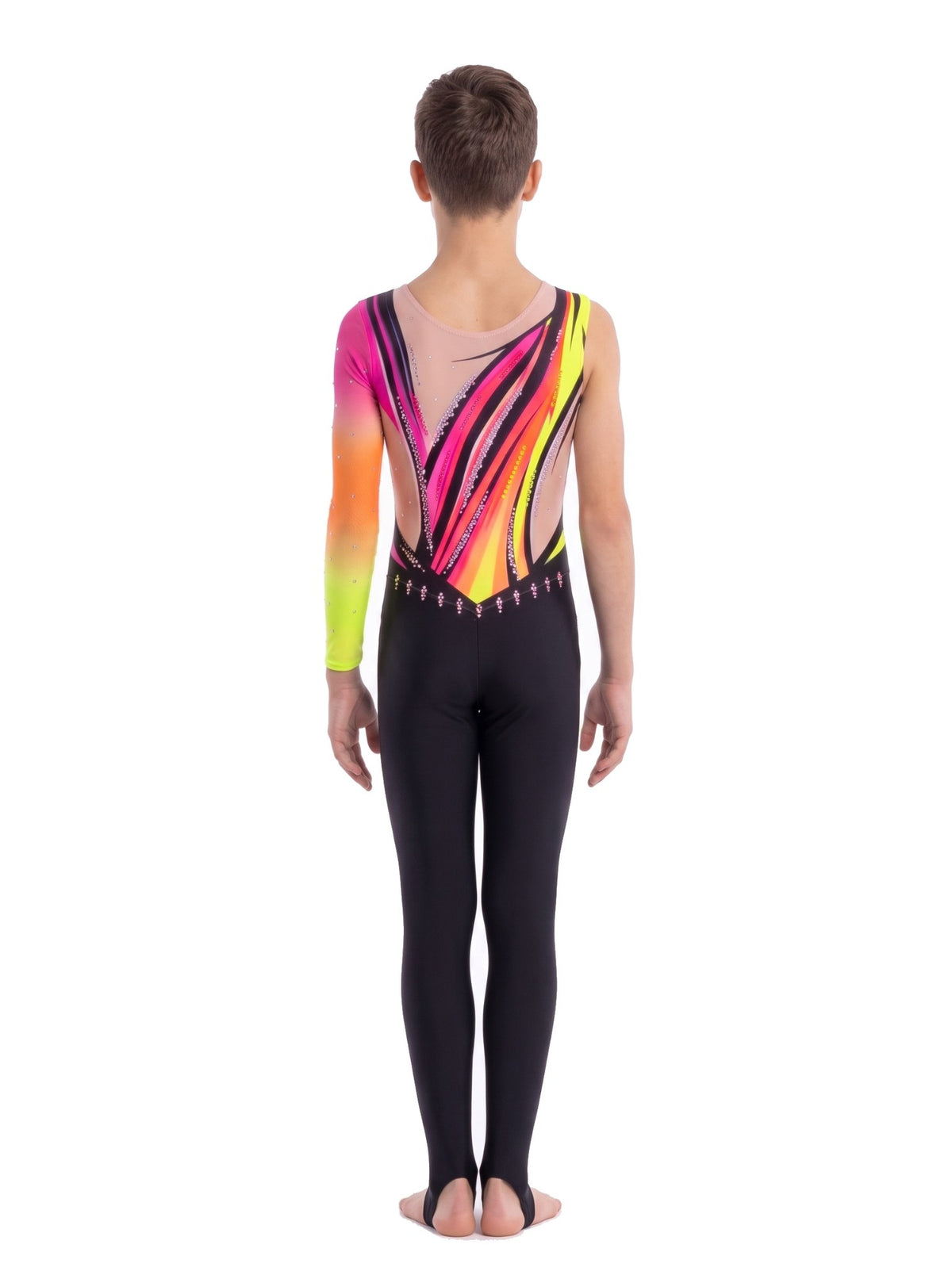 Espalda del buzo de gimnasia rítmica Lalo: franjas diagonales fucsia, naranja y amarillo neón, escote en tono piel, una manga y pierna larga con trabilla.