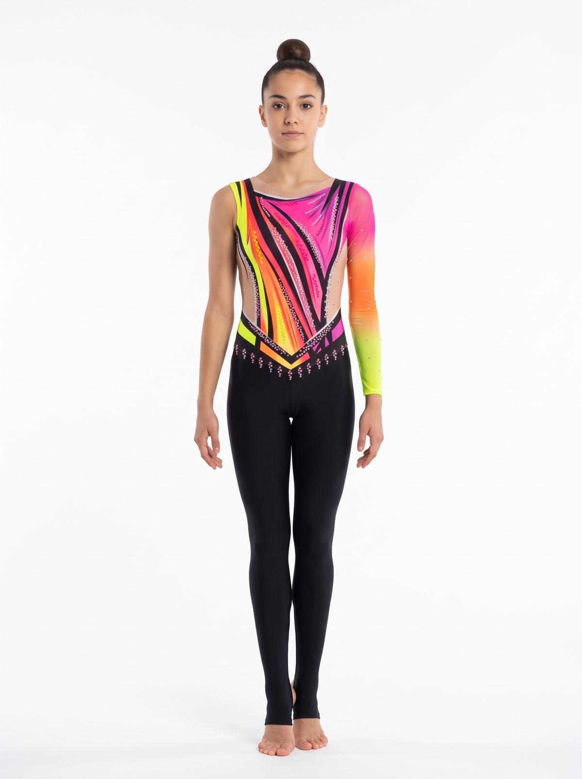 Lalo rhythmic gymnastics unitard, front view: fuchsia, orange and neon yellow stripes, one long gradient sleeve and long black legs.