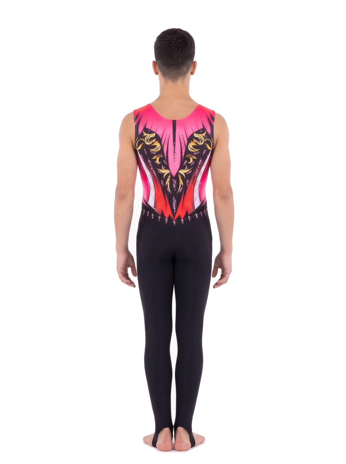 Back of the New York rhythmic gymnastics unitard: fuchsia and coral with gold scrolls, no skin tone, and long legs with stirrups.