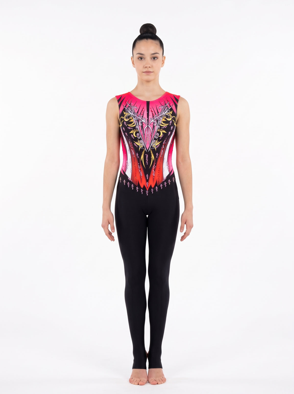 New York rhythmic gymnastics unitard, front view: fuchsia, coral and black with silver and gold filigree, sleeveless, with long black legs.