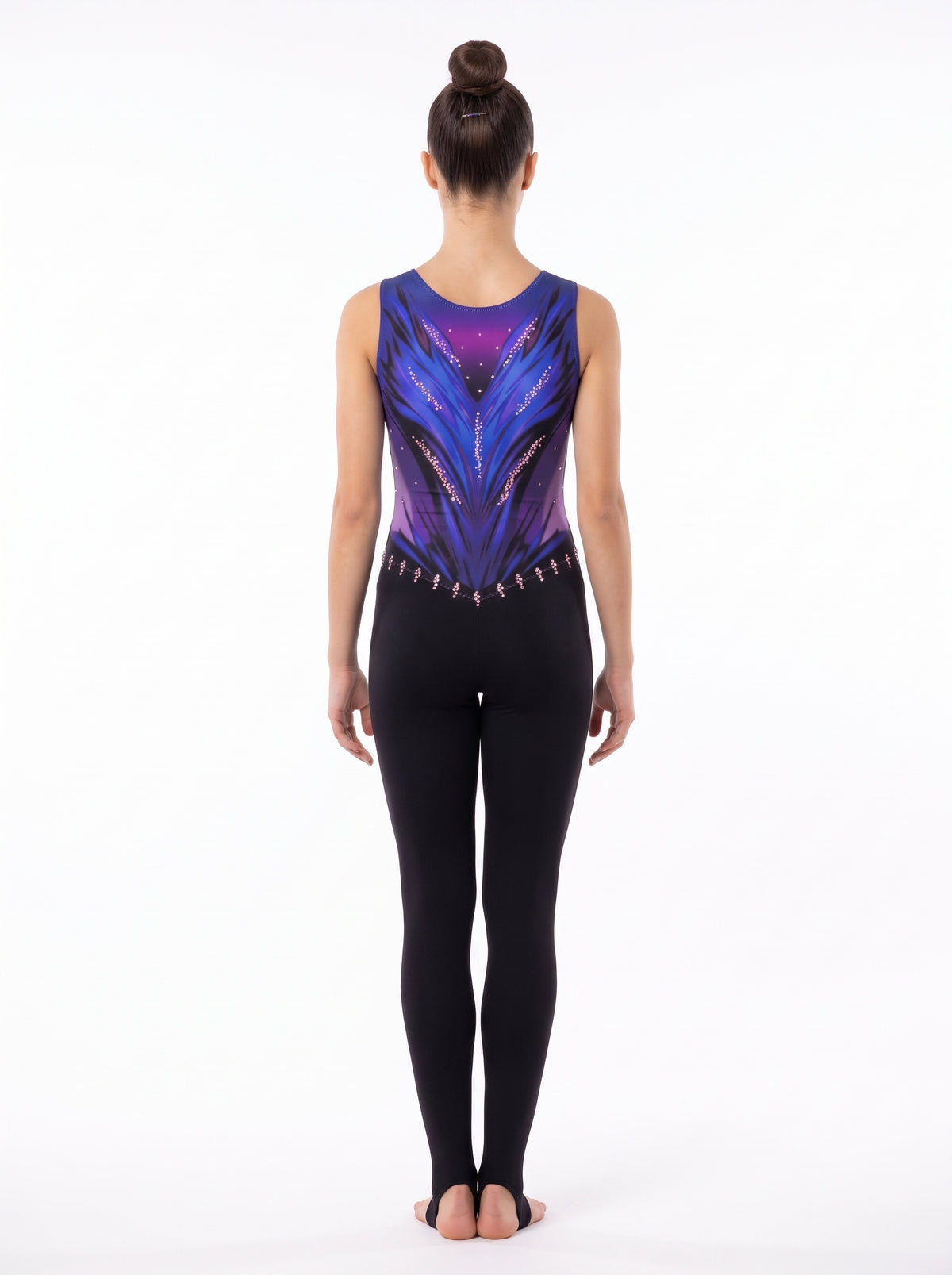 Back of the San Antonio rhythmic gymnastics unitard: purple and blue feathers in a V on a purple background, with long black legs.