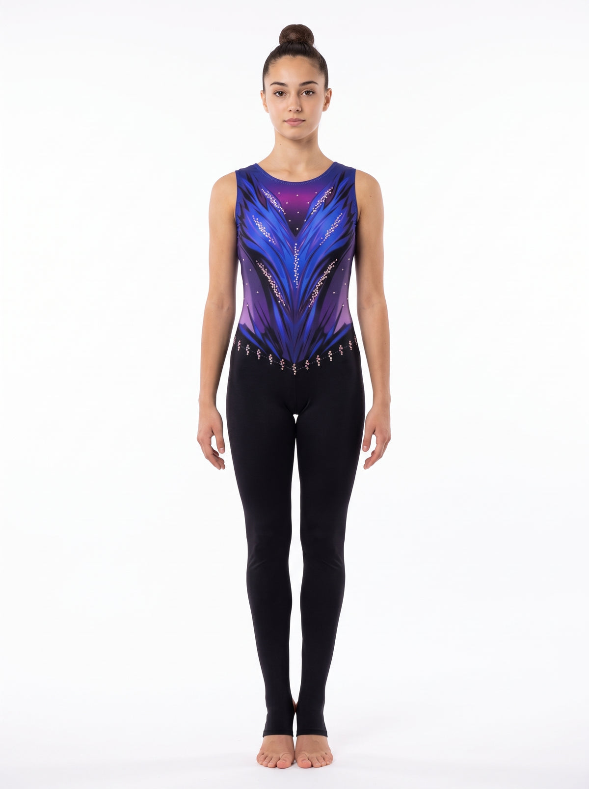 San Antonio rhythmic gymnastics unitard, front view: purple and blue feathers in a V, sleeveless, with long black legs.