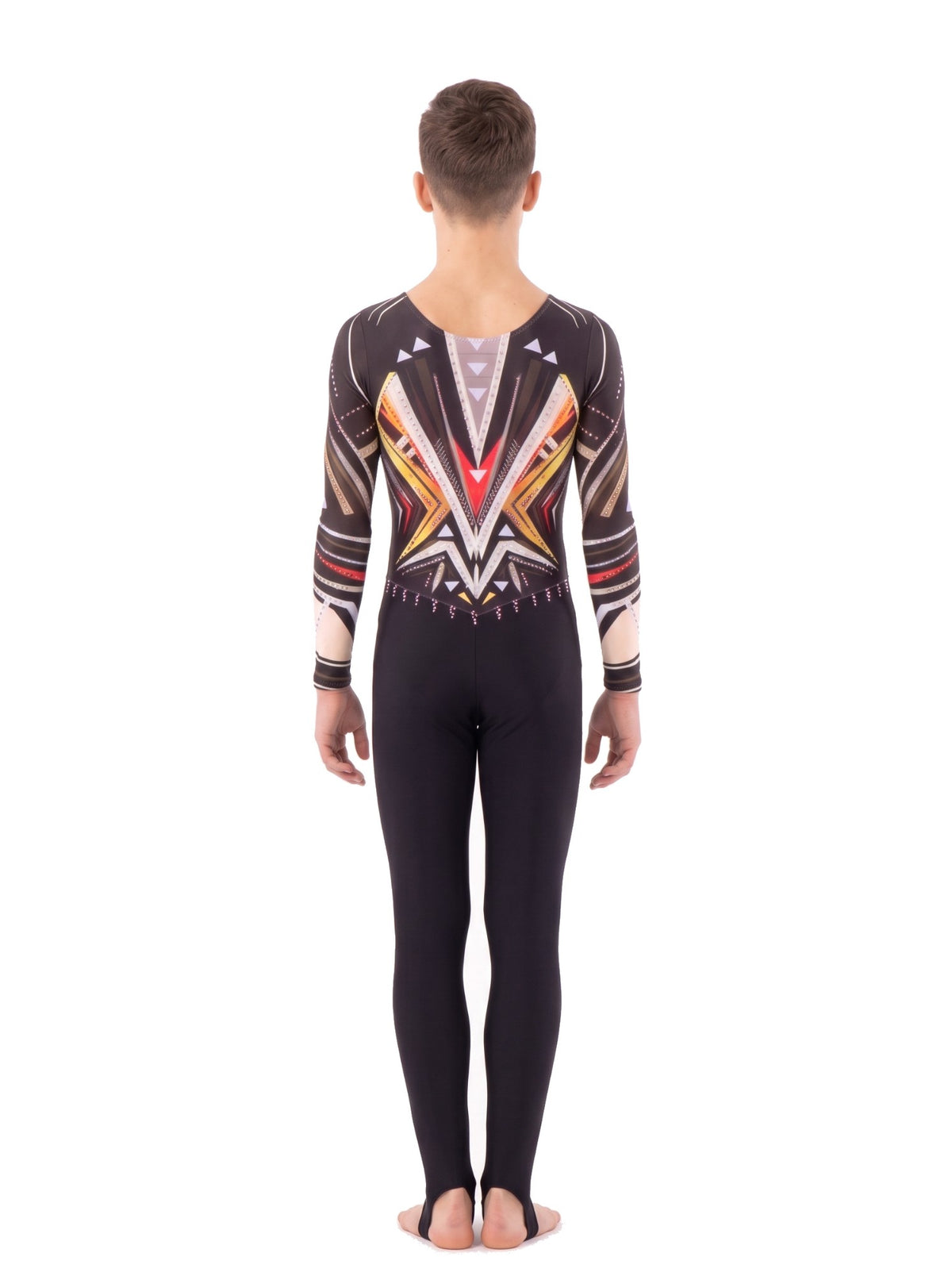 Back of the Survivor rhythmic gymnastics unitard: V-shaped geometric design with triangles, and long legs with stirrups.