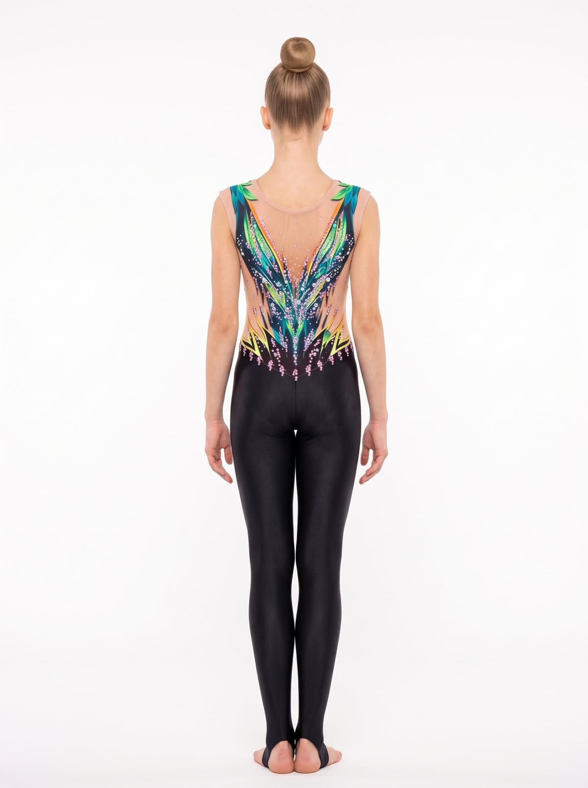 Back of the Zambia rhythmic gymnastics unitard: green leaves in a V over skin-tone fabric, and long legs with stirrups.