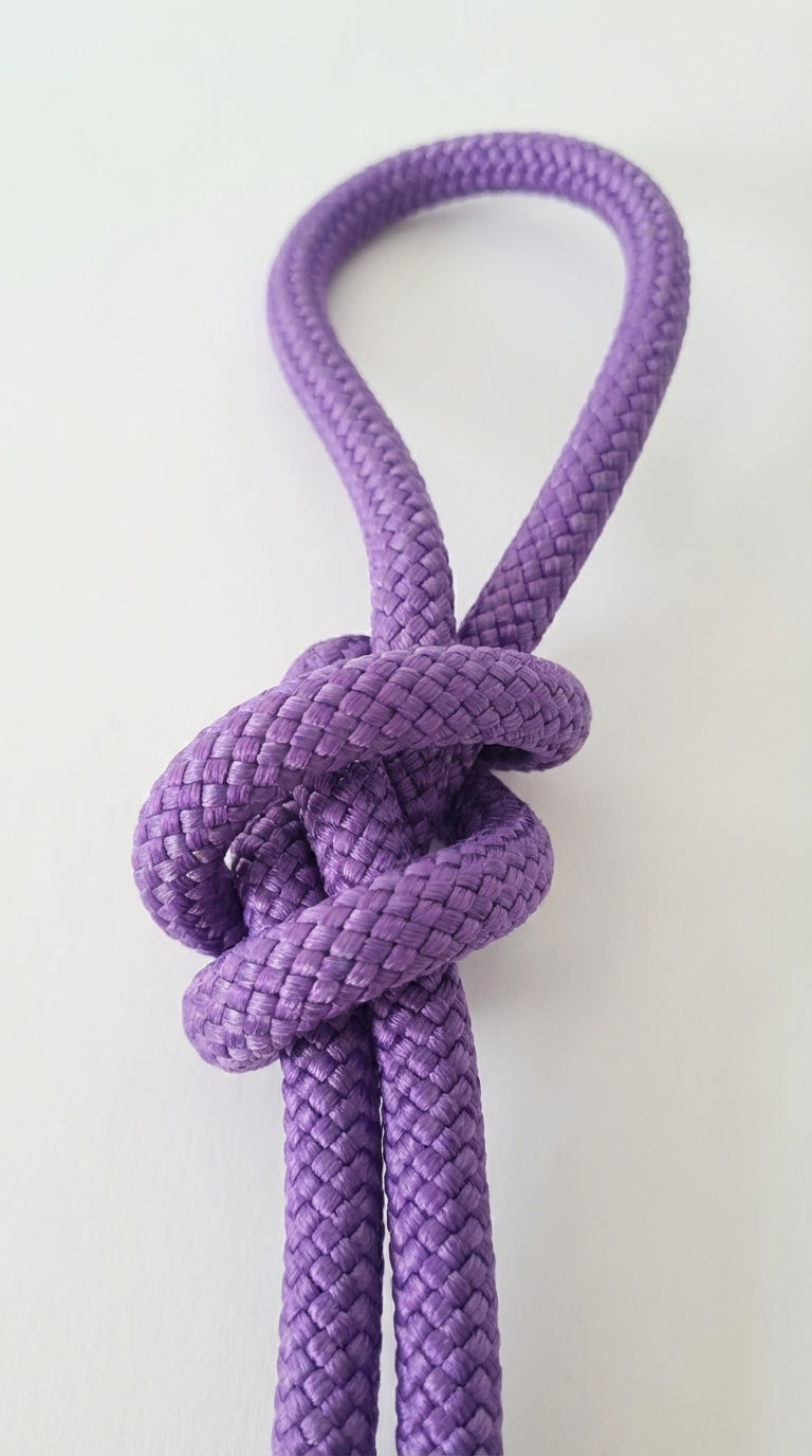 Corde de gymnastique rythmique violette en nylon homologuée FIG avec tressage haute résistance.