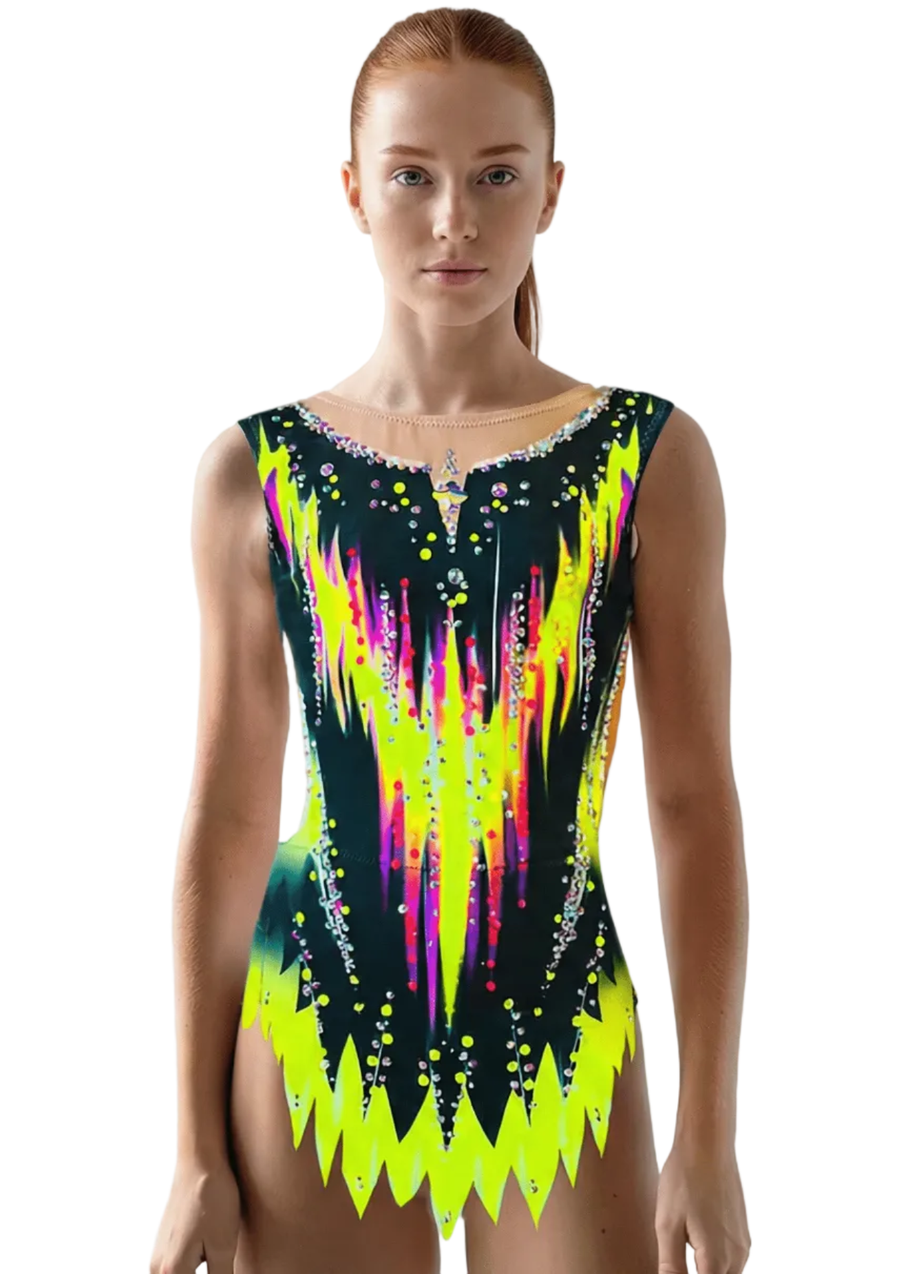 Maillot de gimnasia rítmica negro con amarillo neón y fucsia, pedrería brillante, transparencias superiores y diseño frontal dinámico afilado.
Maillot rítmico oscuro con detalles amarillo neón y fucsia, pedrería abundante, transparencias sutiles y estilo frontal vibrante de líneas ascendentes.
Maillot de gimnasia rítmica negro con acentos neón y pedrería, transparencias y patrón posterior presumible de líneas energéticas ascendentes.