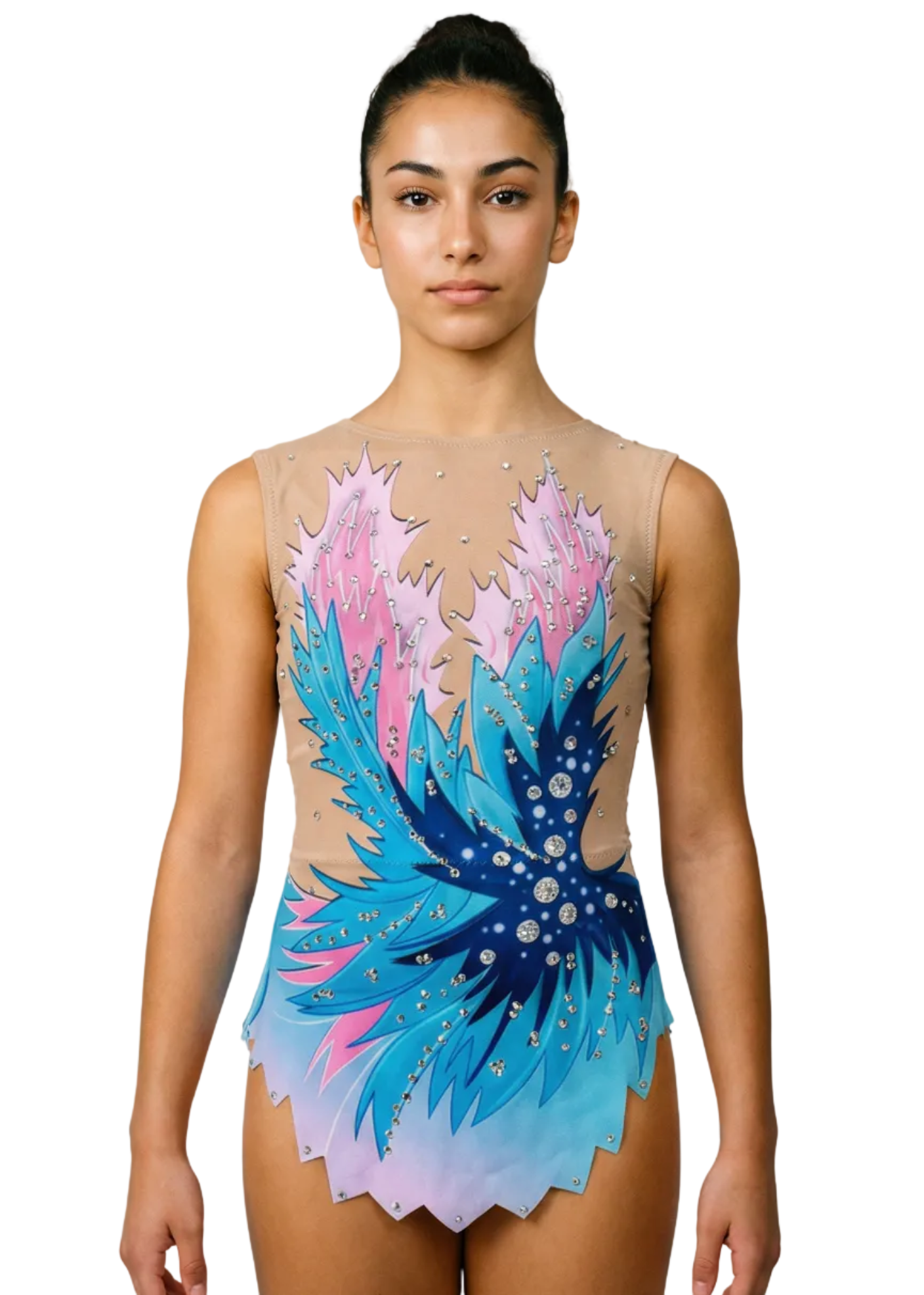 Justaucorps de gymnastique rythmique en rose et bleu avec dégradés, strass abondants et motifs flammés créant un style lumineux.
Justaucorps de gymnastique rythmique de couleur claire avec bleus intenses, roses doux, strass brillants et design flammé d'apparence dynamique.
Dos d'un justaucorps de gymnastique rythmique sur base claire avec roses et bleus, strass et motifs flammés fluides.