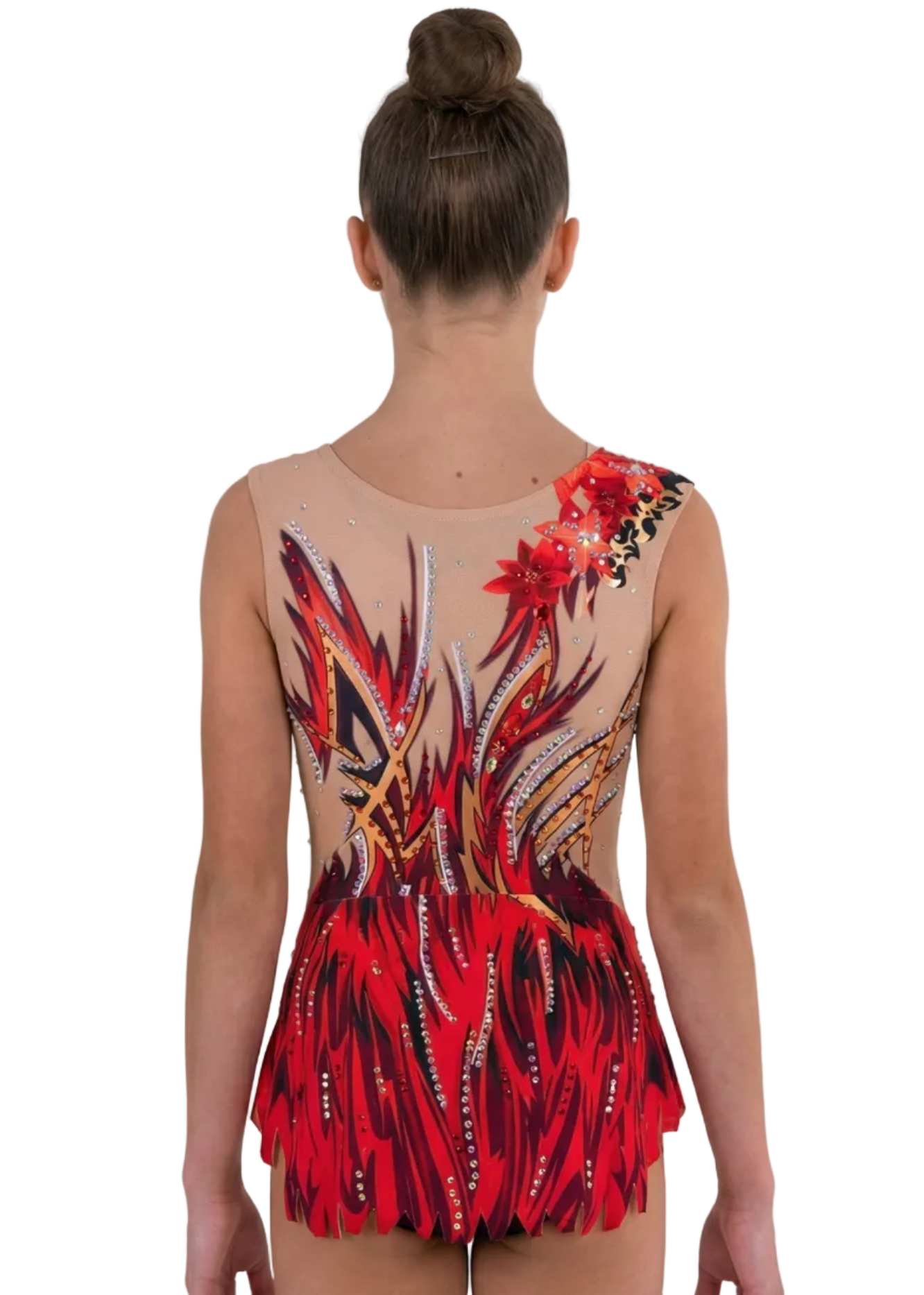Justaucorps de gymnastique rythmique vu de dos avec base claire, strass dispersés et flammes rouges et noires au design fluide.