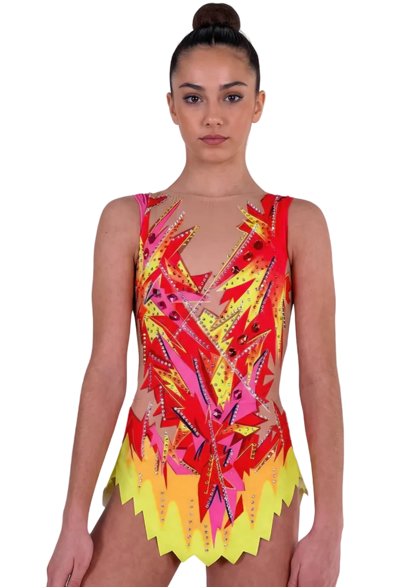 Justaucorps de gymnastique rythmique en rouge, rose et jaune avec strass, effets de transparence et motifs flammés créant un style vibrant.
Justaucorps de gymnastique rythmique de couleur claire avec rouges intenses, détails jaunes et roses, strass brillants et design flammé d'aspect dynamique.
Dos d'un justaucorps de gymnastique rythmique sur base claire avec rouges, roses et jaunes, strass et traits flammés fluides.