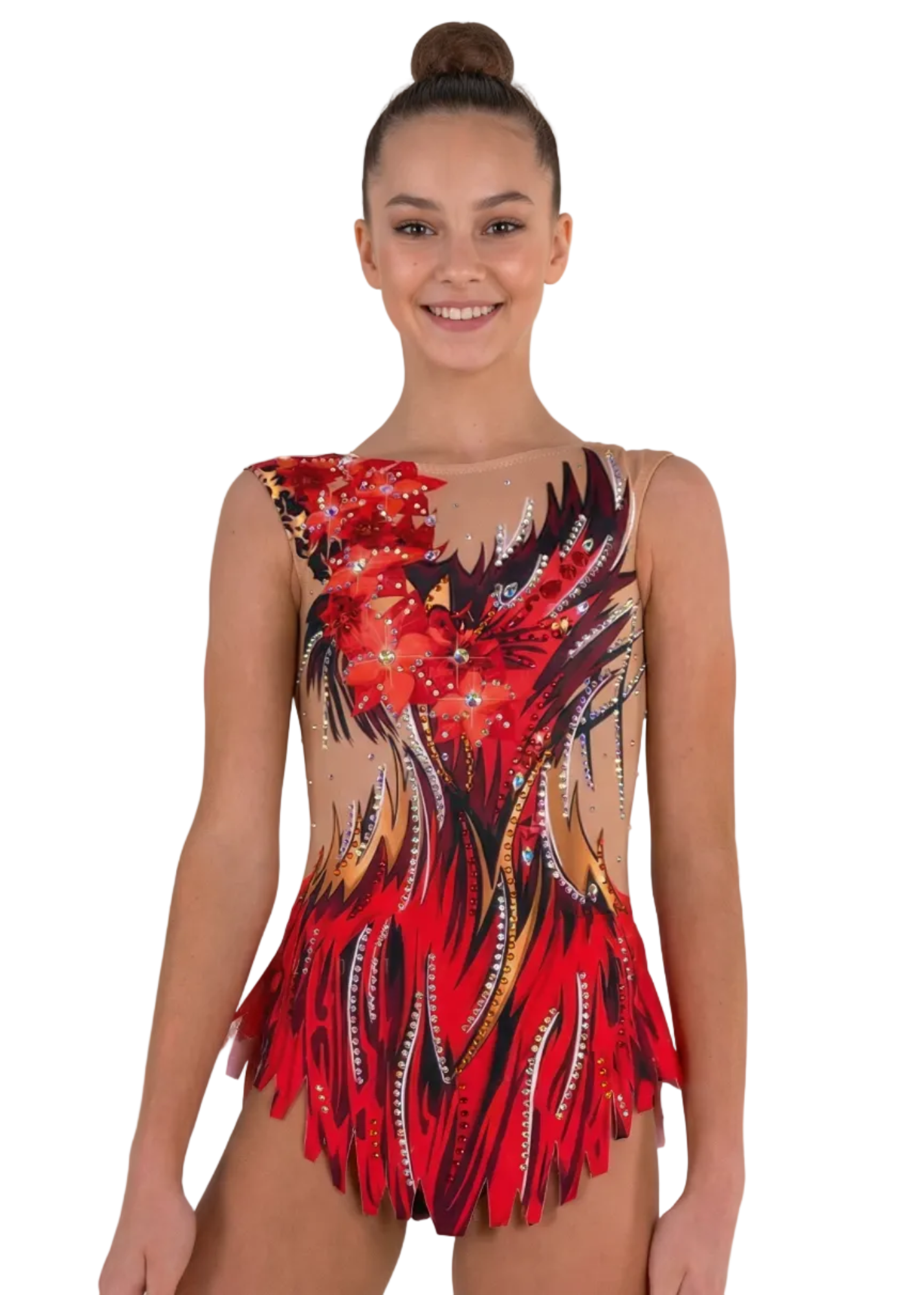 Justaucorps de gymnastique rythmique aux tons rouges et noirs avec dégradés, strass abondants et design flammé au style dynamique.