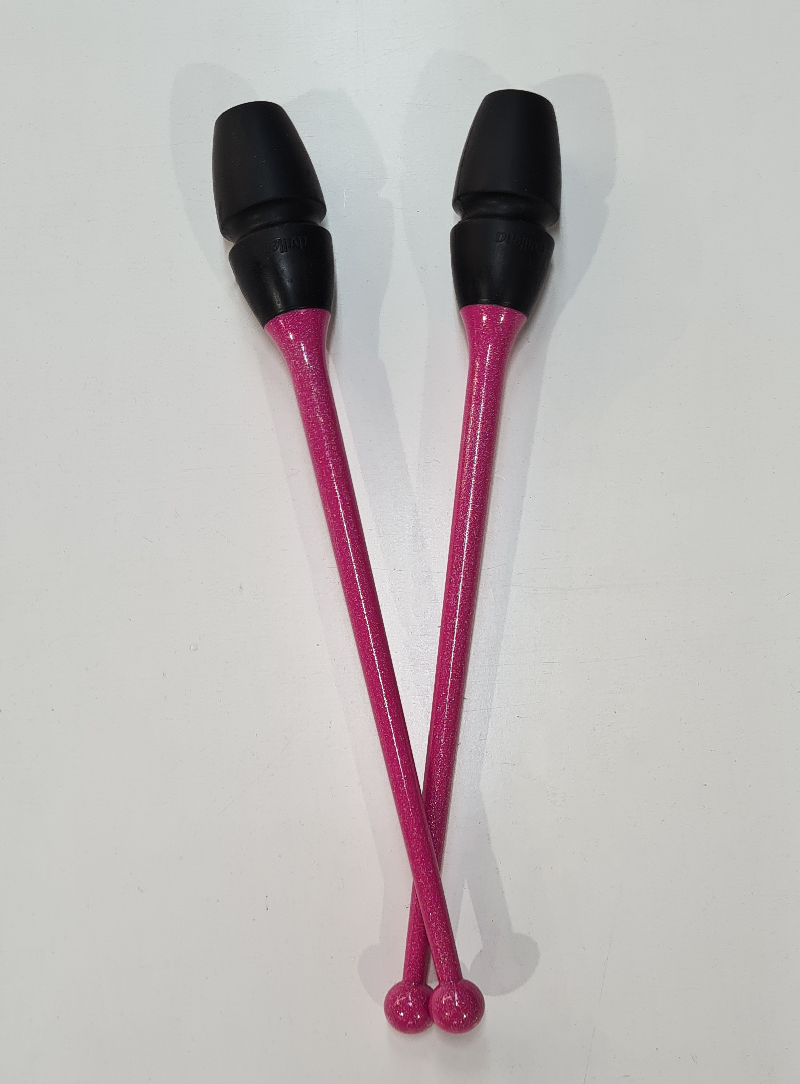 Mazas de gimnasia rítmica 41cm fucsia glitter y negro engarzables