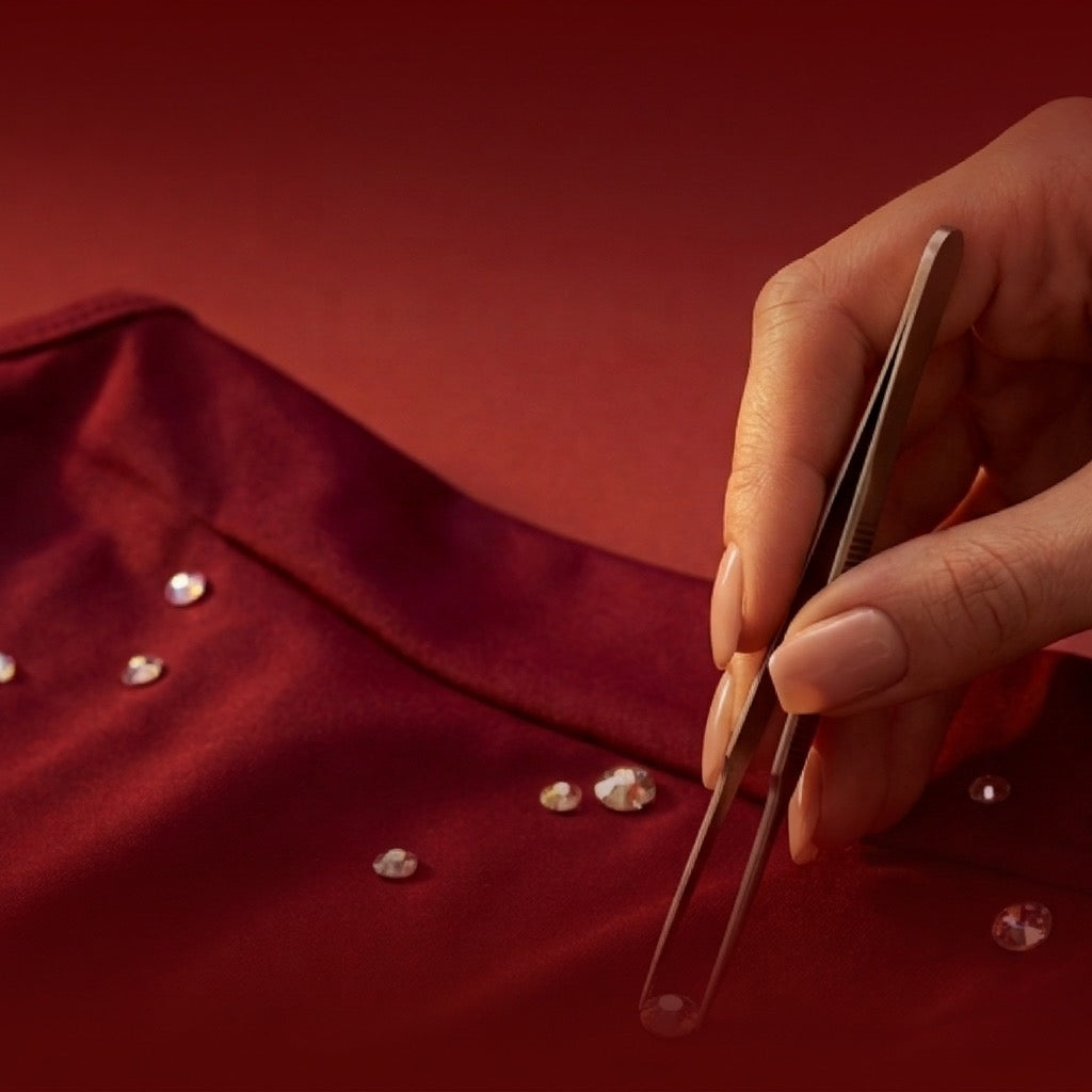 Pince posant des strass sur un justaucorps bordeaux.