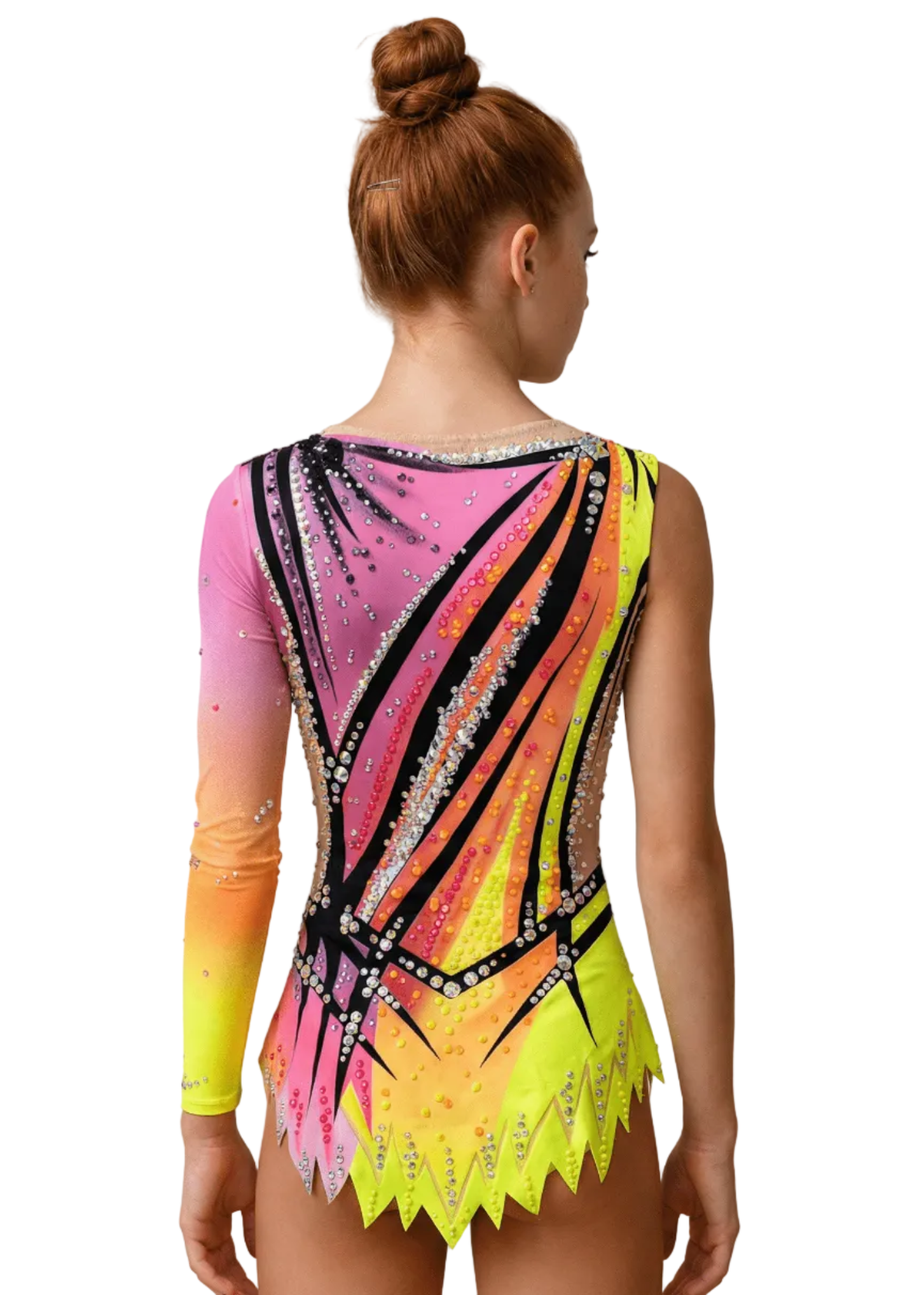 Espalda de maillot rítmico rosa y amarillo neón con pedrería brillante, degradados vivos y líneas negras dinámicas en estilo vibrante.
Espalda de maillot de gimnasia rítmica en rosa y amarillo neón con pedrería abundante, degradados cálidos y diseño gráfico ascendente.
Espalda de maillot rítmico neón rosa y amarillo con líneas negras marcadas, pedrería dispersa y falda recortada en estilo enérgico.