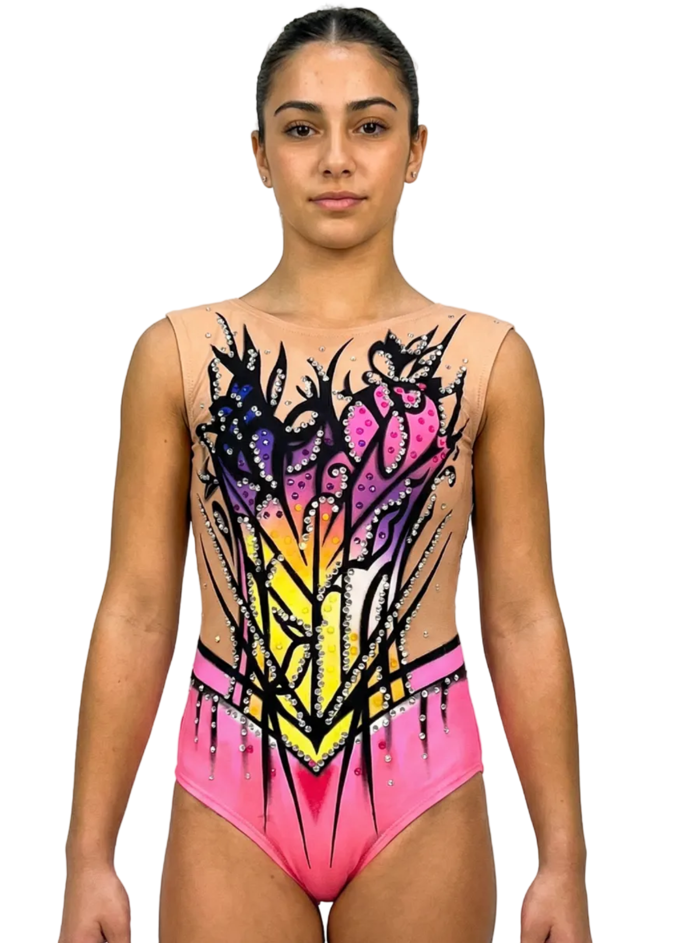 Rhythmic gymnastics leotard in pink, purple and yellow with rhinestones and black floral motifs creating a vibrant style.
Light-colored rhythmic gymnastics leotard with intense pinks, purples, yellows, shiny rhinestones and a dynamic-looking floral design.
Rhythmic gymnastics leotard seen from the back on a light base with pinks, yellows and purples, rhinestones and stylized black lines.